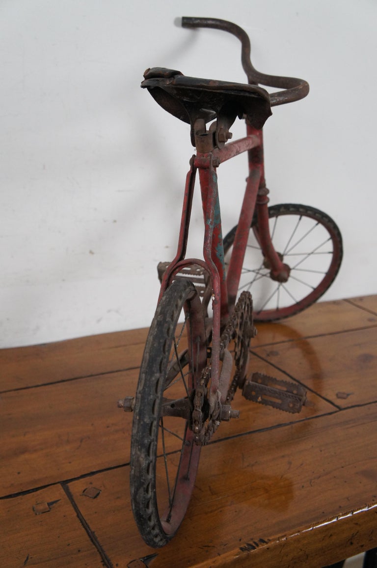 Antique French Childs Pedal Bike Bicycle Cycle Leather Seat Red Hard