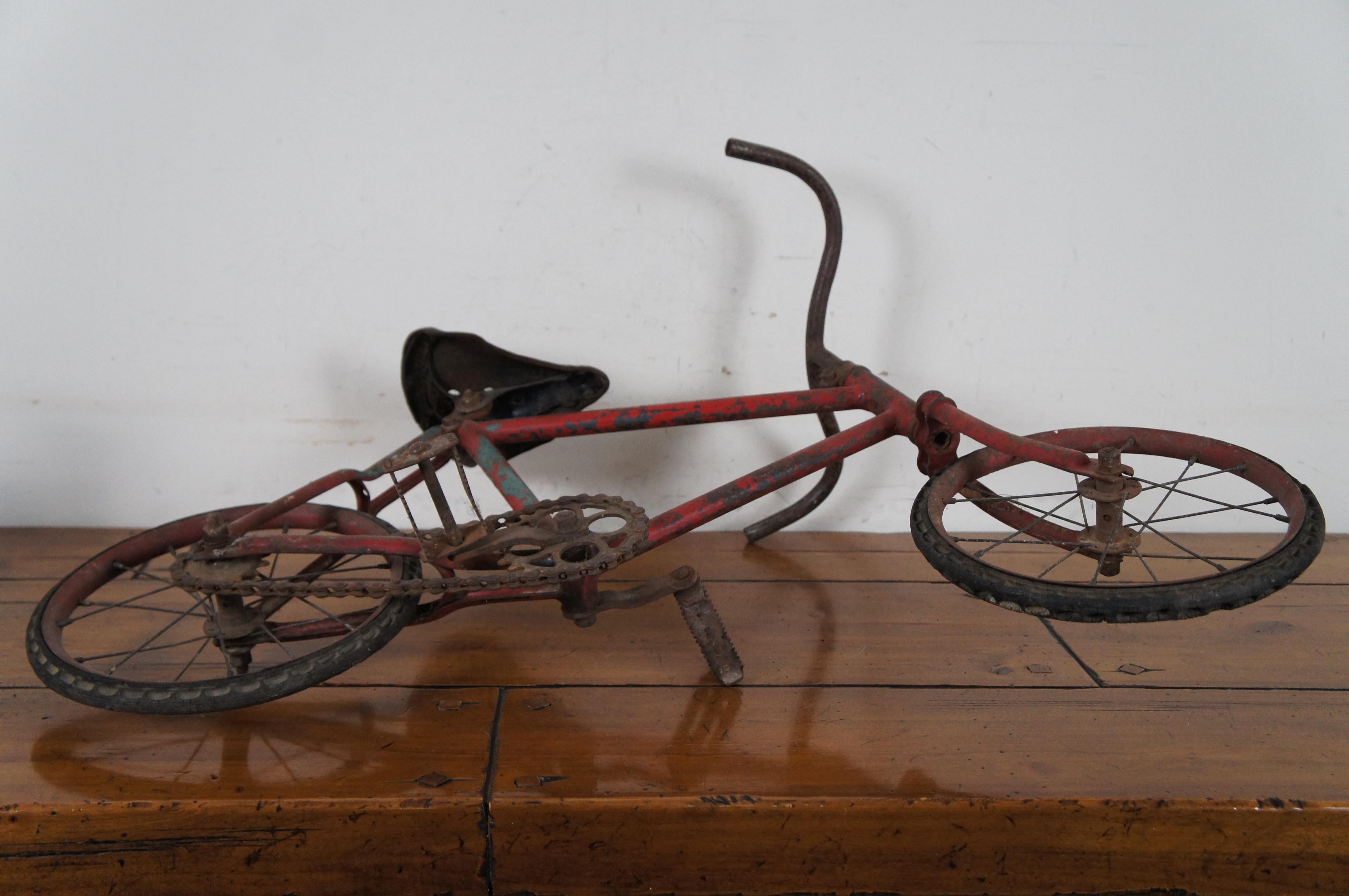 Antique French Childs Pedal Bike Bicycle Cycle Leather Seat Red Hard Tire In Good Condition In Dayton, OH