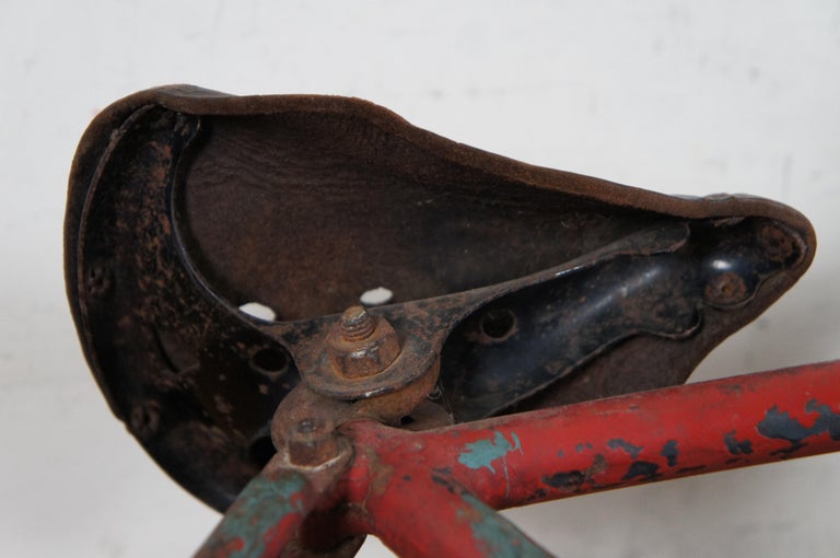 Antique French Childs Pedal Bike Bicycle Cycle Leather Seat Red Hard