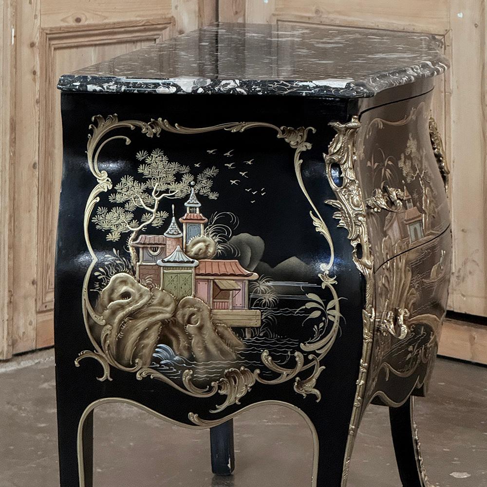 Antique French Chinoiserie Black Lacquer Bombe Commode For Sale 5