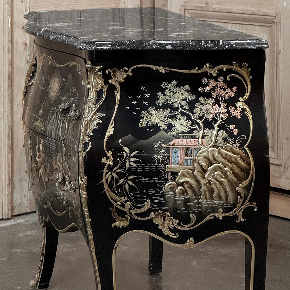 Antique French Chinoiserie Black Lacquer Bombe Commode For Sale 6