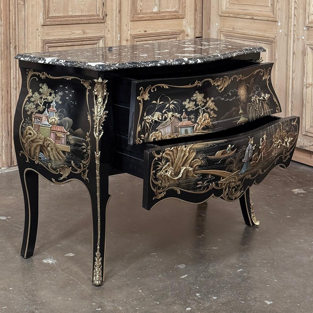 Antique French Chinoiserie Black Lacquer Bombe Commode For Sale 7