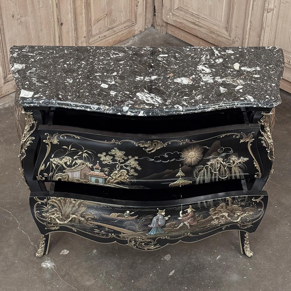 Antique French Chinoiserie Black Lacquer Bombe Commode For Sale 8