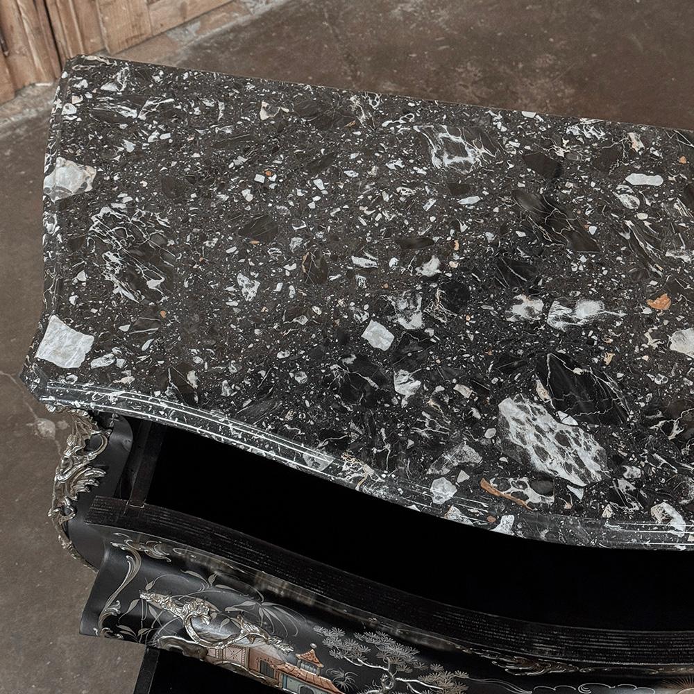 Antique French Chinoiserie Black Lacquer Bombe Commode For Sale 9