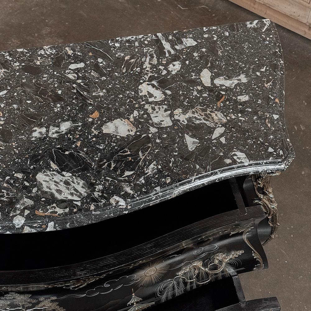 Antique French Chinoiserie Black Lacquer Bombe Commode For Sale 10