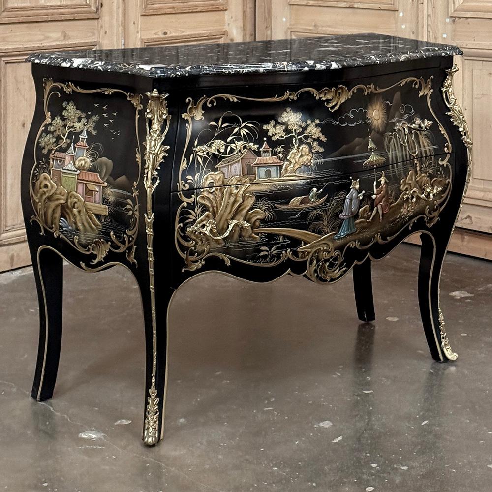 Hand-Crafted Antique French Chinoiserie Black Lacquer Bombe Commode For Sale