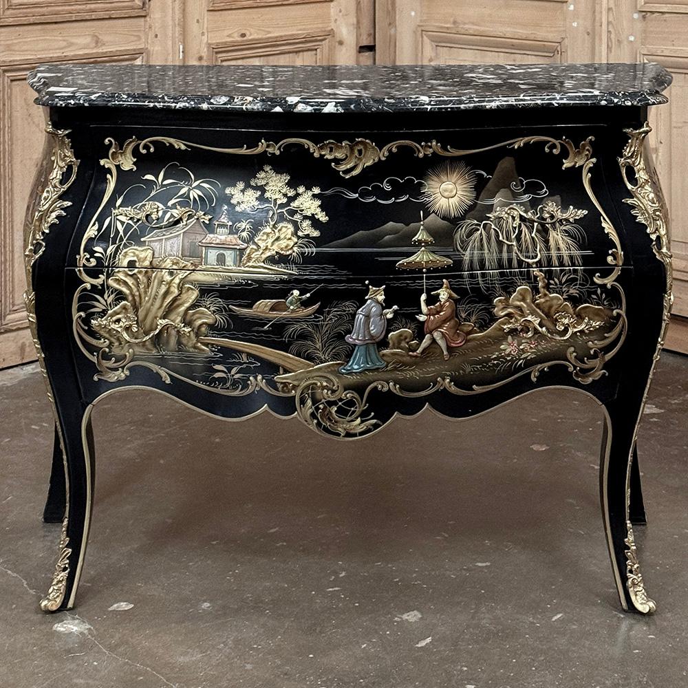Antique French Chinoiserie Black Lacquer Bombe Commode In Good Condition For Sale In Dallas, TX
