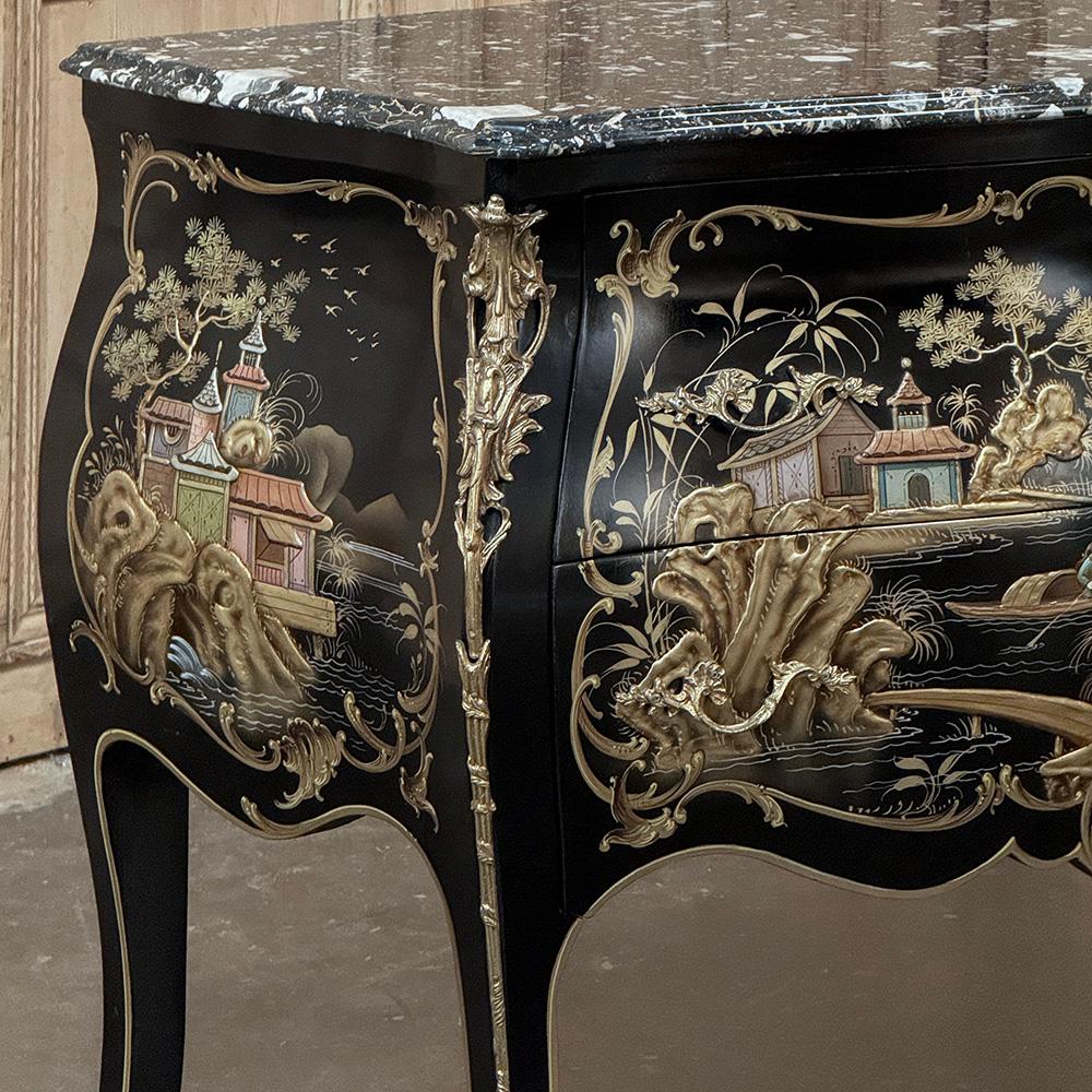 20th Century Antique French Chinoiserie Black Lacquer Bombe Commode For Sale