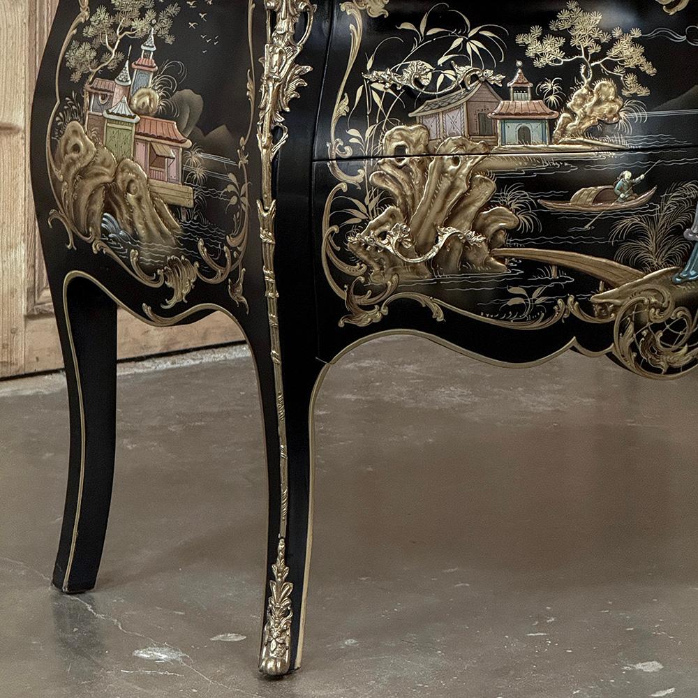 Brass Antique French Chinoiserie Black Lacquer Bombe Commode For Sale