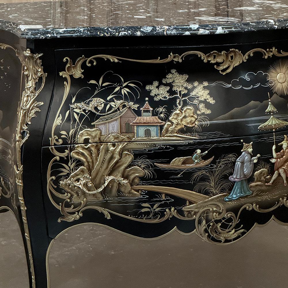 Antique French Chinoiserie Black Lacquer Bombe Commode For Sale 1