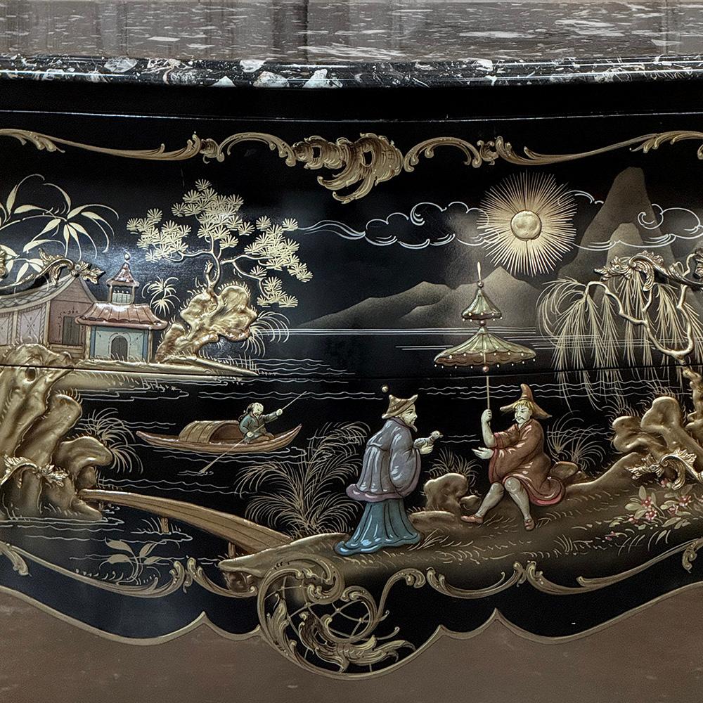 Antique French Chinoiserie Black Lacquer Bombe Commode For Sale 2