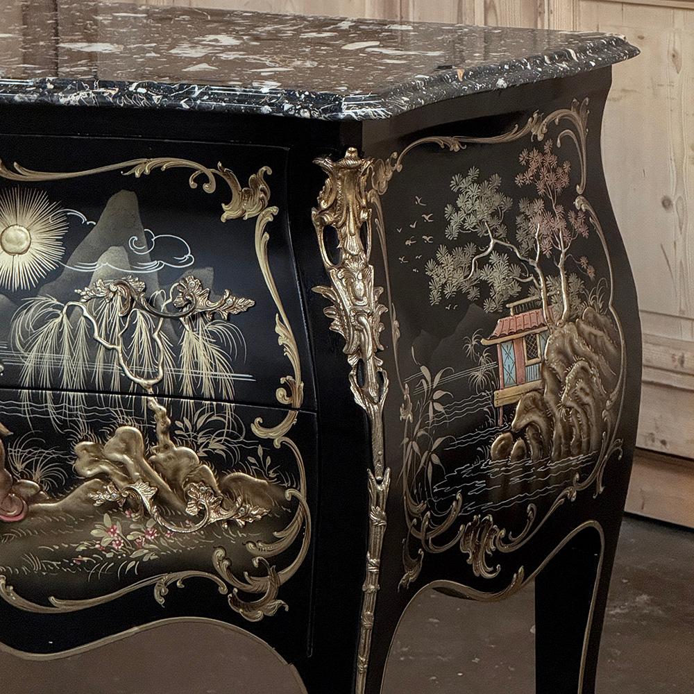 Antique French Chinoiserie Black Lacquer Bombe Commode For Sale 3