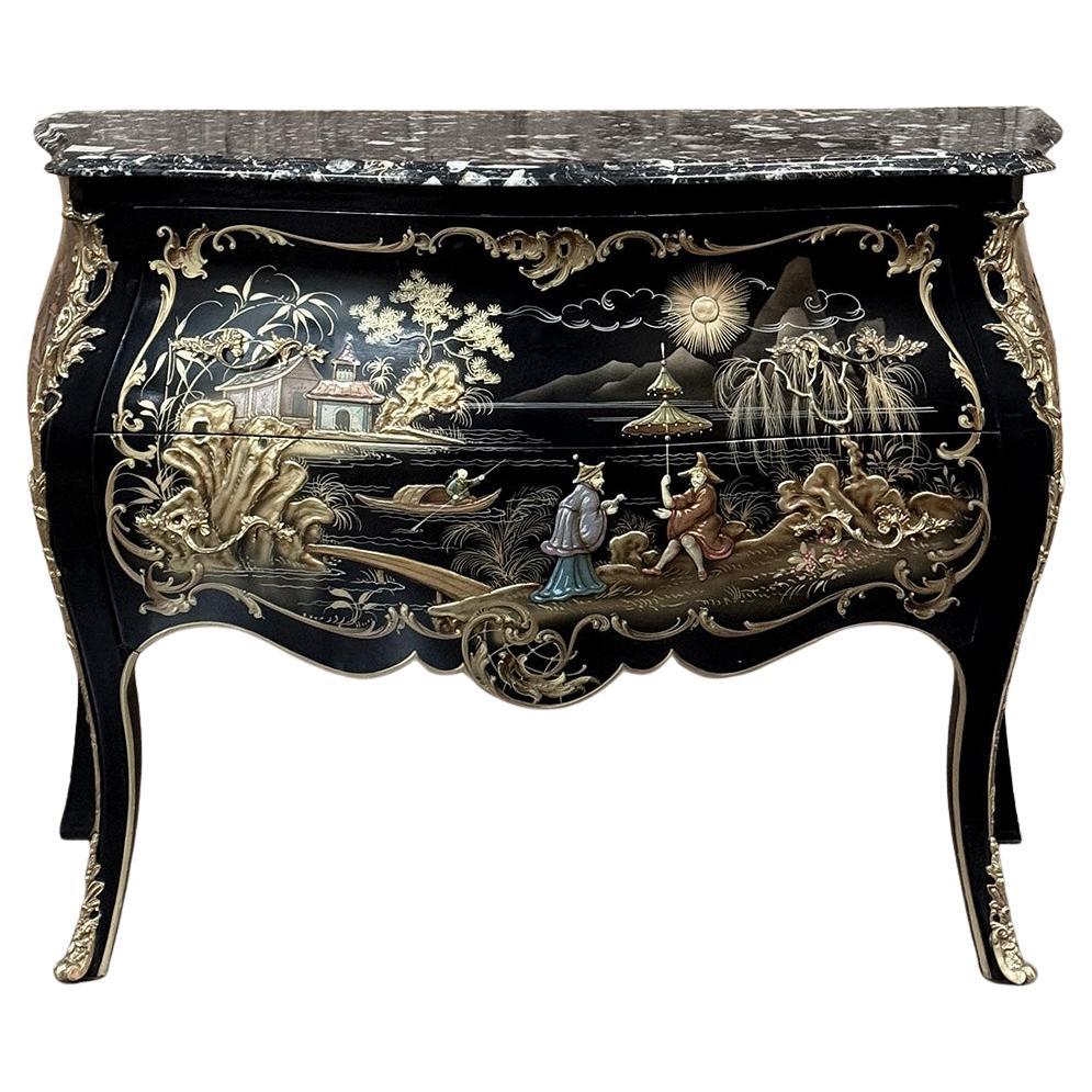 Antique French Chinoiserie Black Lacquer Bombe Commode For Sale