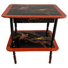 Antique French Chinoiserie Black Lacquered Side Table with Drawer, 1910