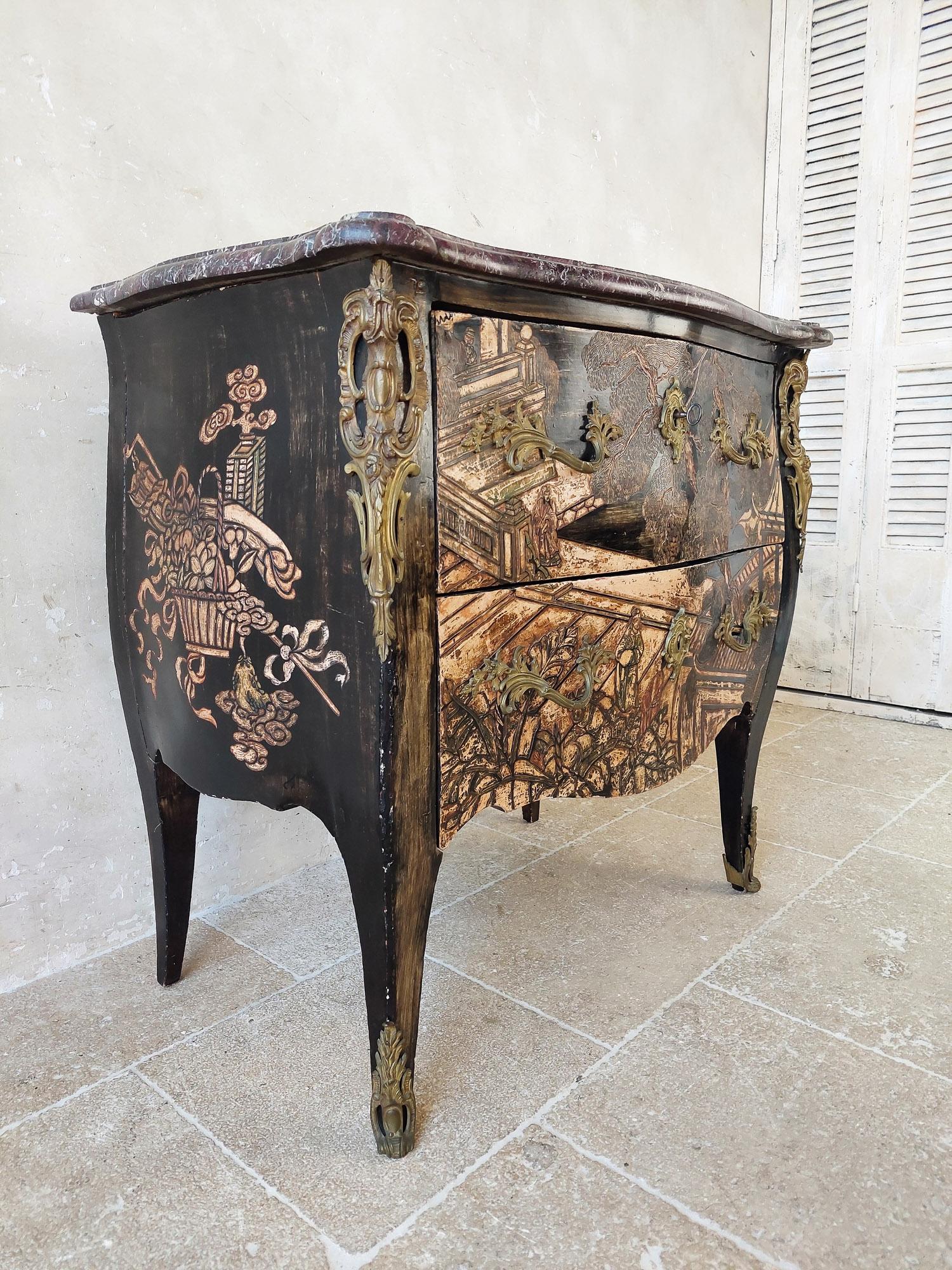 Marble Antique French Chinoiserie Commode 19th Century For Sale
