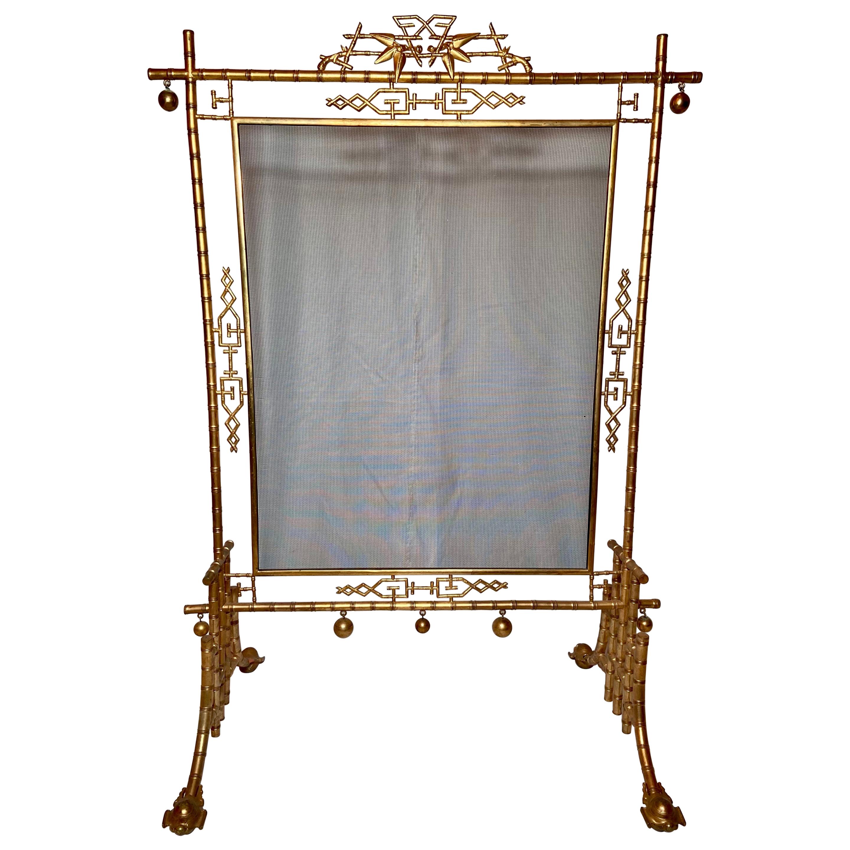 Antique French "Chinoiserie" Gold Bronze Fire Screen, Circa 1870-1880