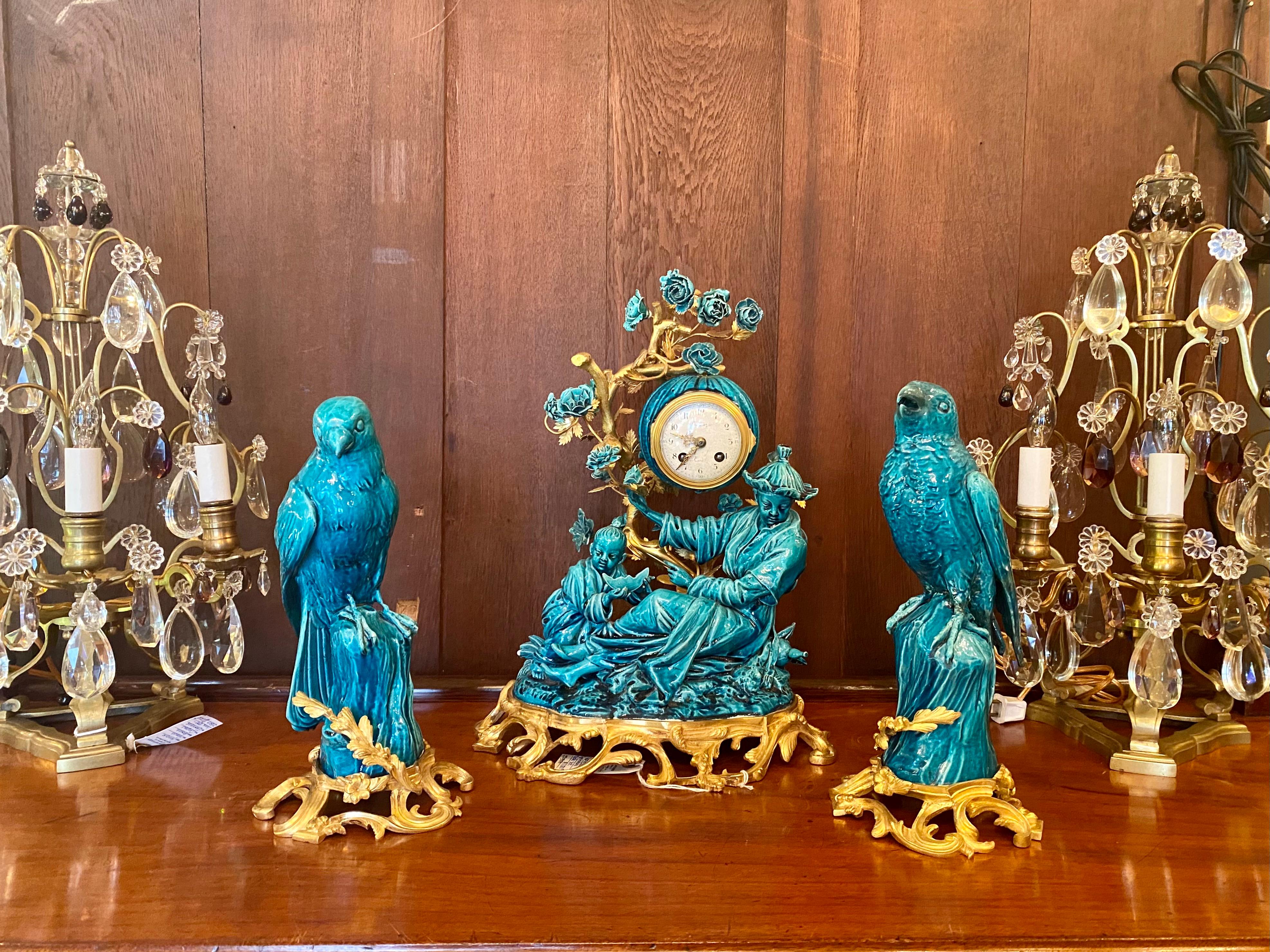 Antique French Chinoiserie Gold Bronze & Turquoise Porcelain Garniture Clock Set 6