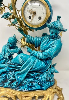 Antique French Chinoiserie Gold Bronze & Turquoise Porcelain Garniture Clock Set