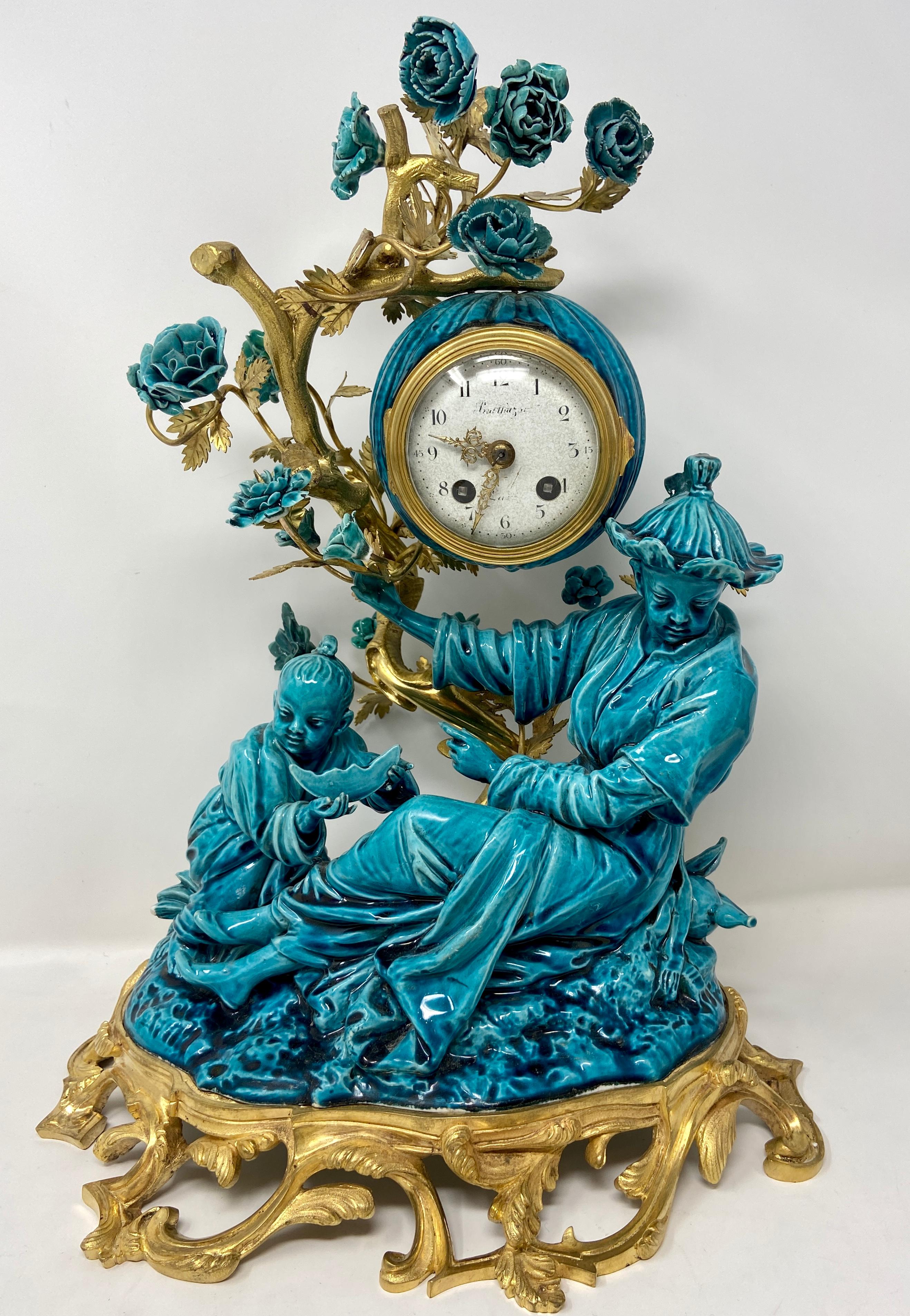 19th Century Antique French Chinoiserie Gold Bronze & Turquoise Porcelain Garniture Clock Set