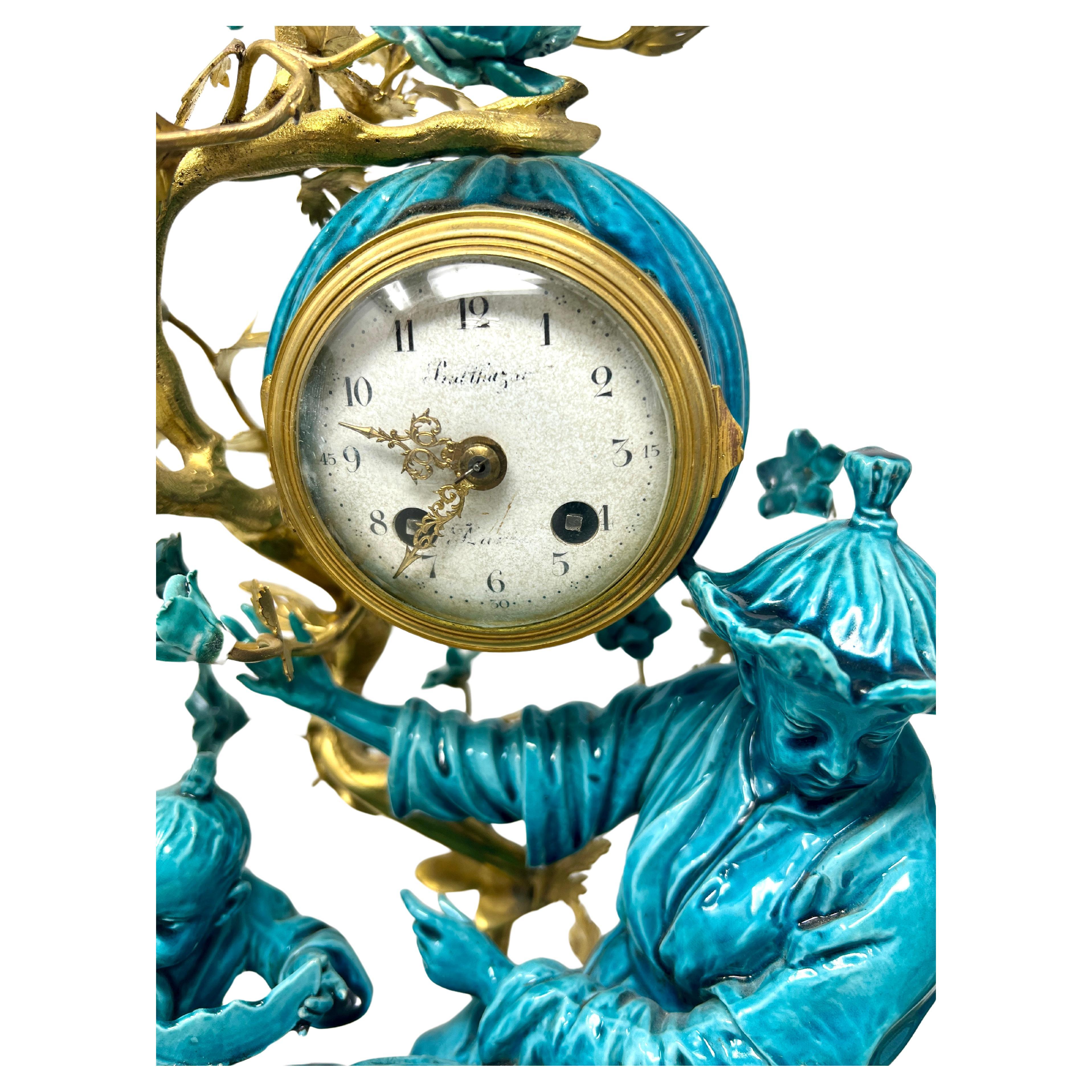 Antique French Chinoiserie Gold Bronze & Turquoise Porcelain Garniture Clock Set For Sale 2
