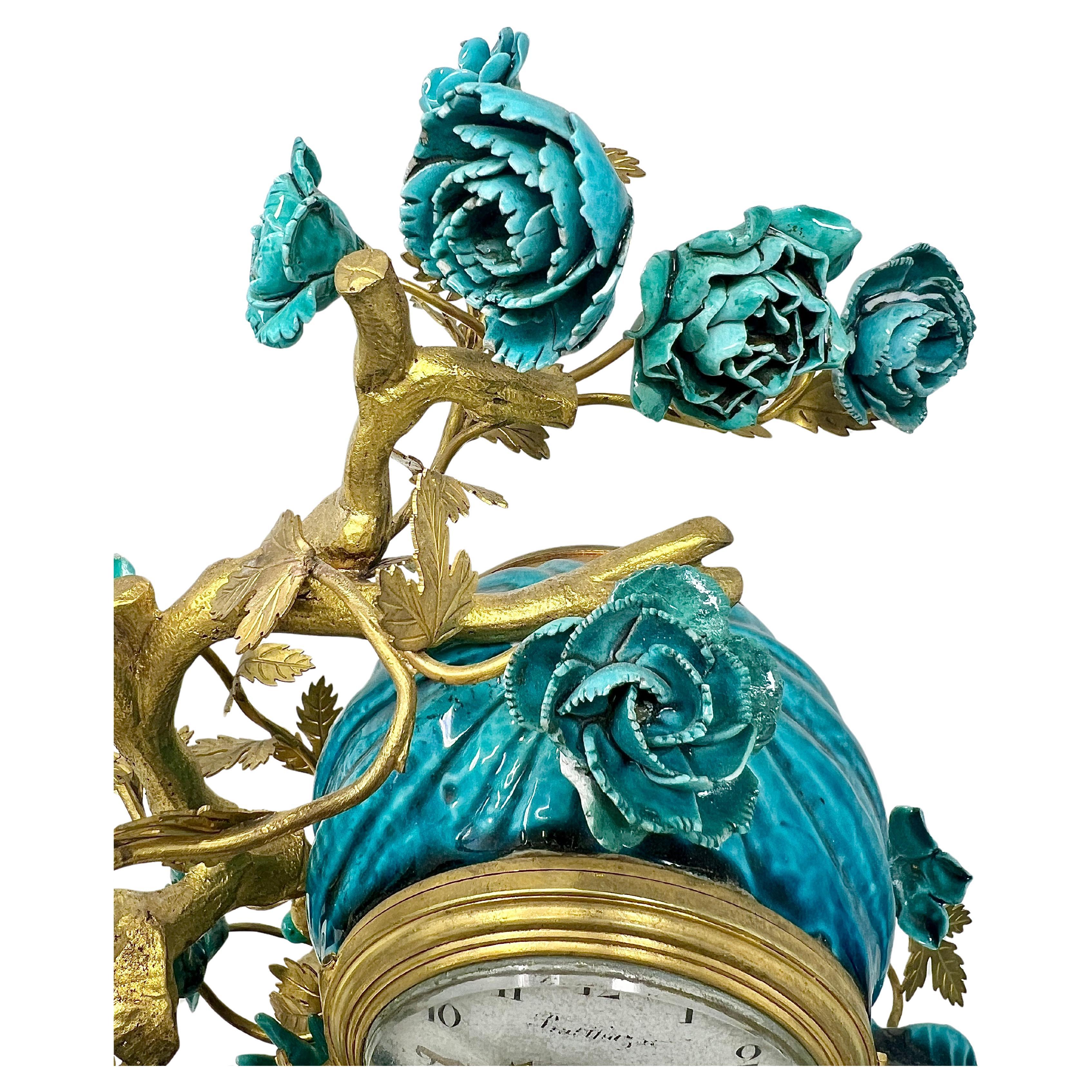 Antique French Chinoiserie Gold Bronze & Turquoise Porcelain Garniture Clock Set For Sale 3
