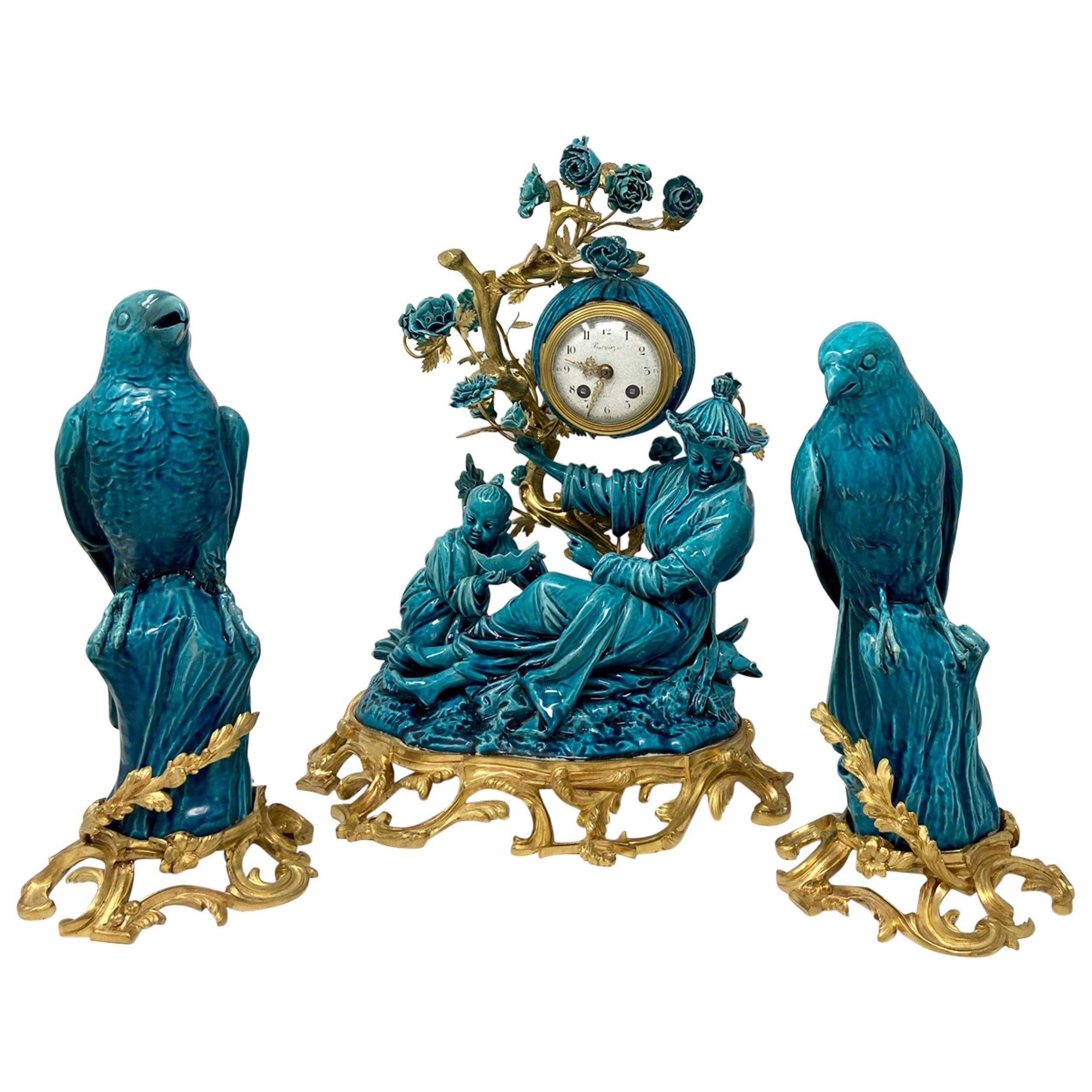 Antique French Chinoiserie Gold Bronze & Turquoise Porcelain Garniture Clock Set