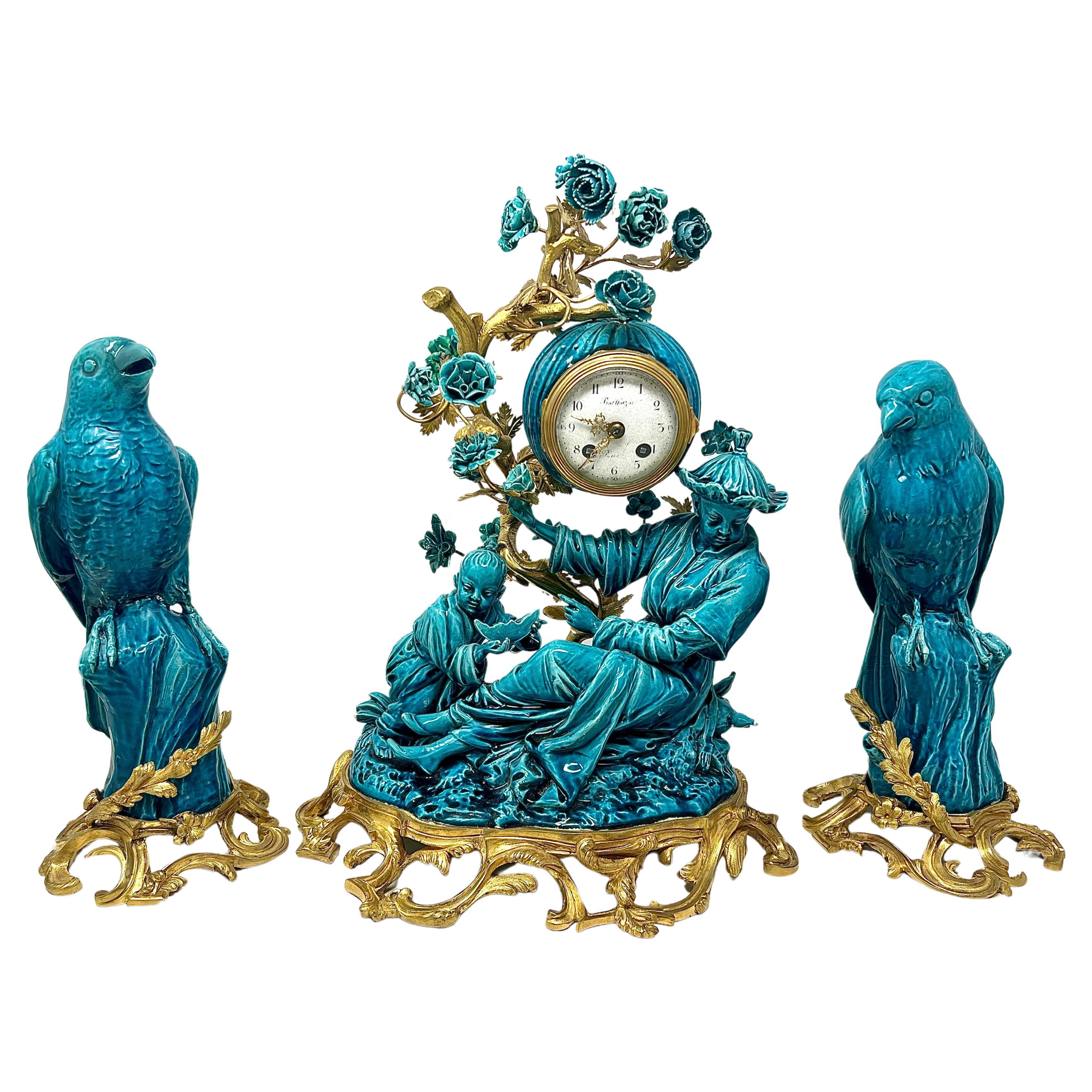 Antique French Chinoiserie Gold Bronze & Turquoise Porcelain Garniture Clock Set For Sale