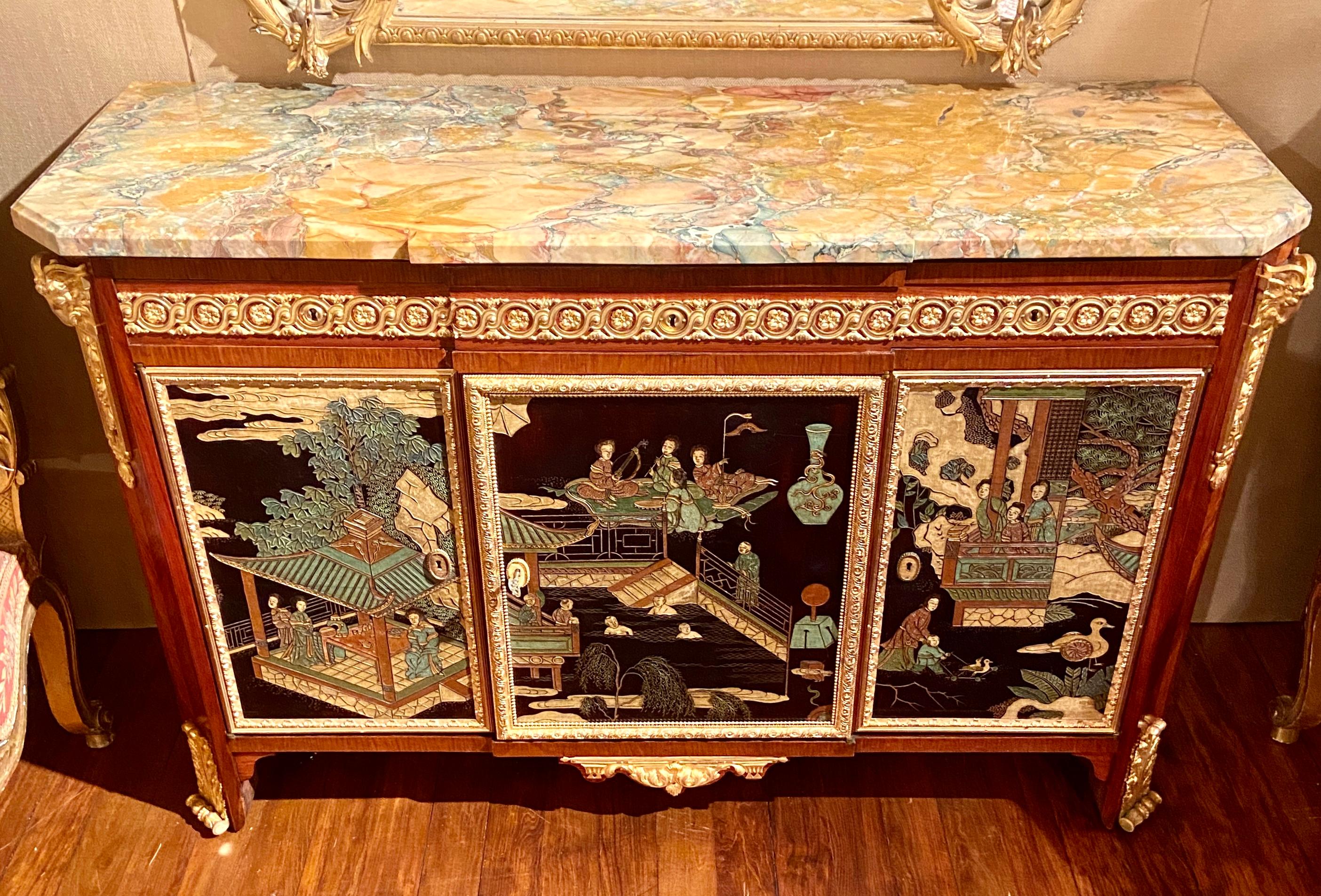 Exquisite antique French Chinoiserie Lacquer commode with multi-colored marble top and bronze D' Ore Mounts.