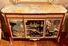 Antique French Chinoiserie Lacquer Commode w/ Marble Top & Bronze D' Ore Mounts