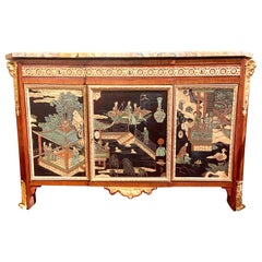 Antique French Chinoiserie Lacquer Commode w/ Marble Top & Bronze D' Ore Mounts