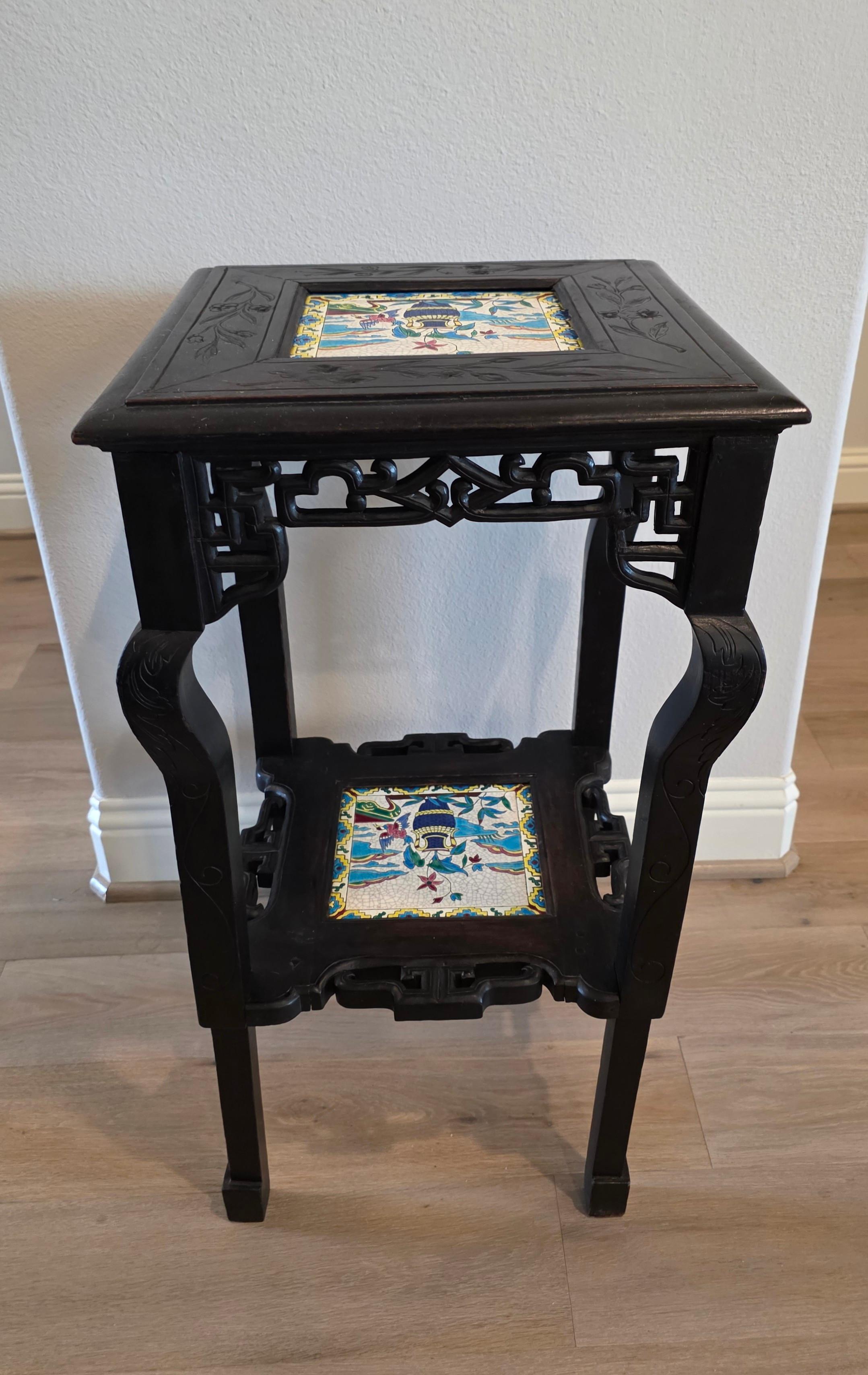 Antique French Chinoiserie Japonisme Viardot Longwy Ceramic Ebonized Table Stand For Sale 5