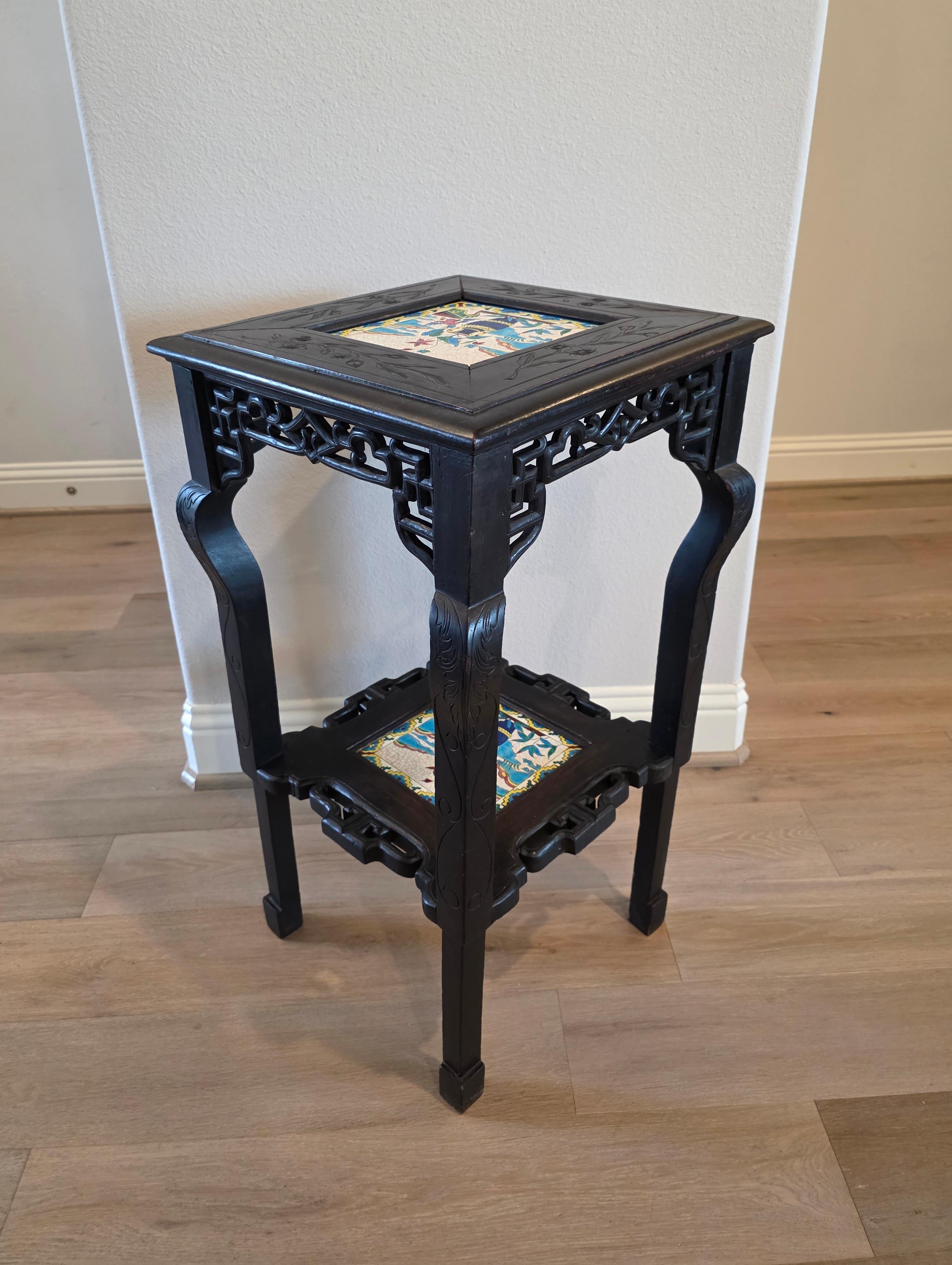 Antique French Chinoiserie Japonisme Viardot Longwy Ceramic Ebonized Table Stand For Sale 6