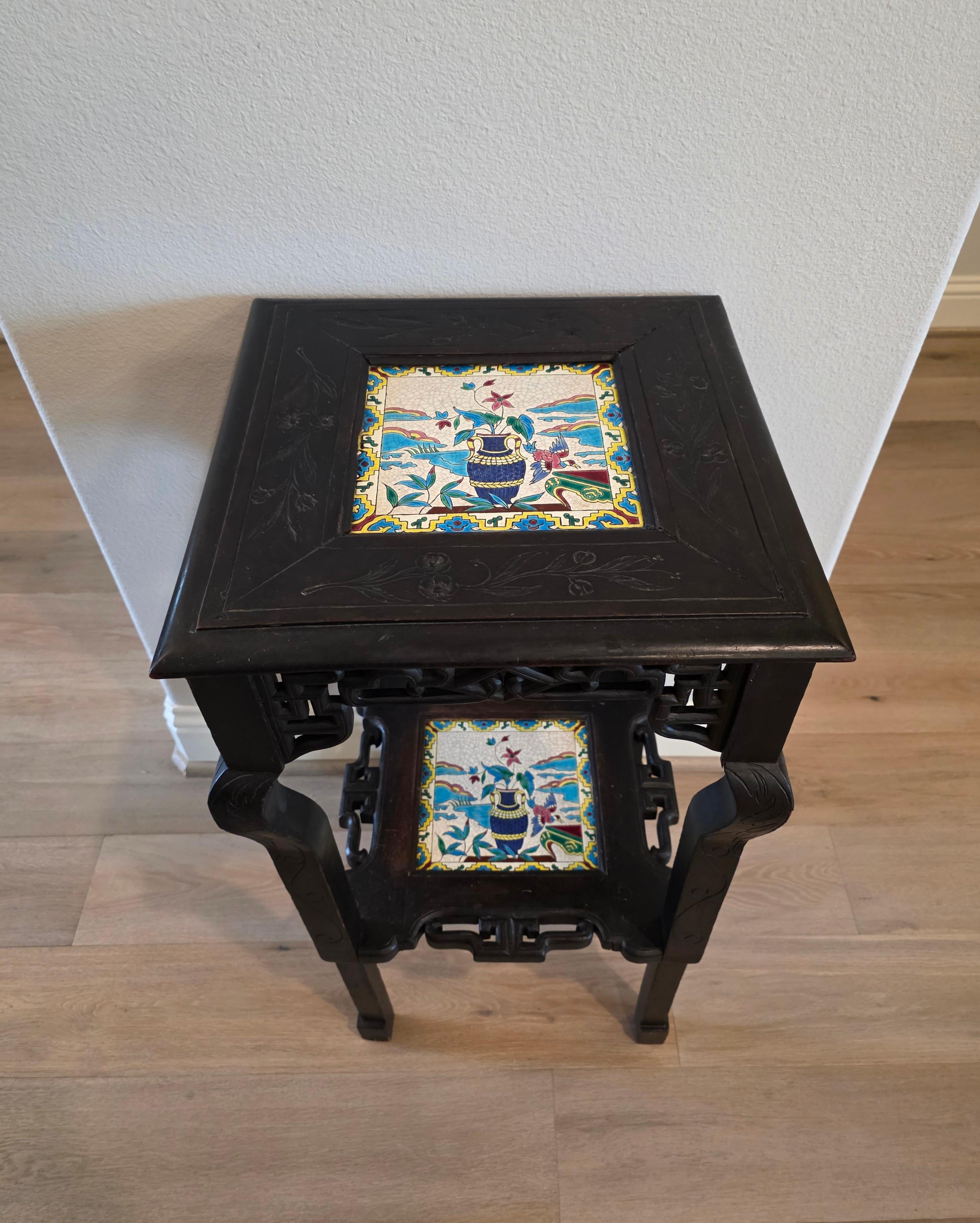 Antique French Chinoiserie Japonisme Viardot Longwy Ceramic Ebonized Table Stand For Sale 8