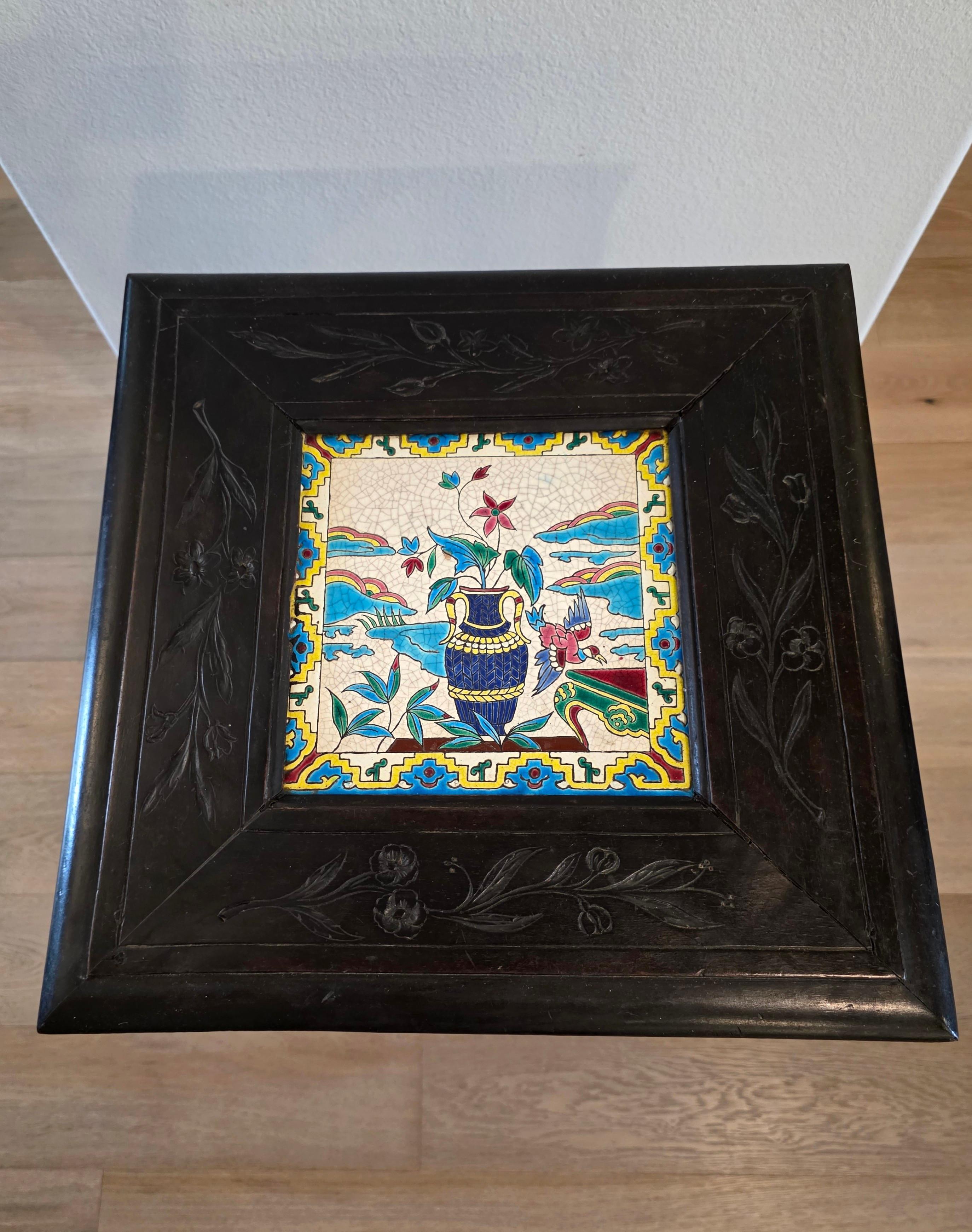 Antique French Chinoiserie Japonisme Viardot Longwy Ceramic Ebonized Table Stand For Sale 14