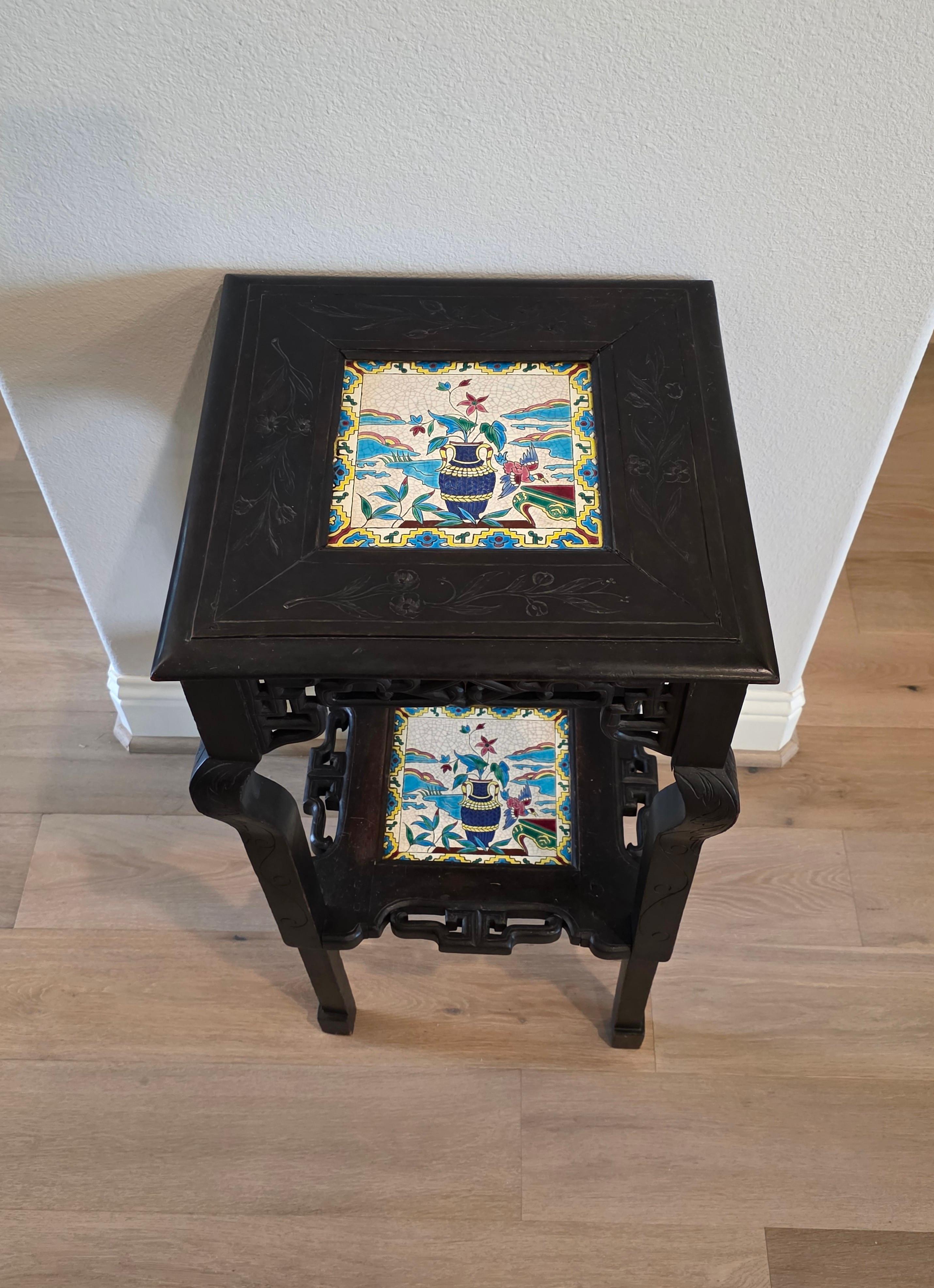 Blackened Antique French Chinoiserie Japonisme Viardot Longwy Ceramic Ebonized Table Stand For Sale