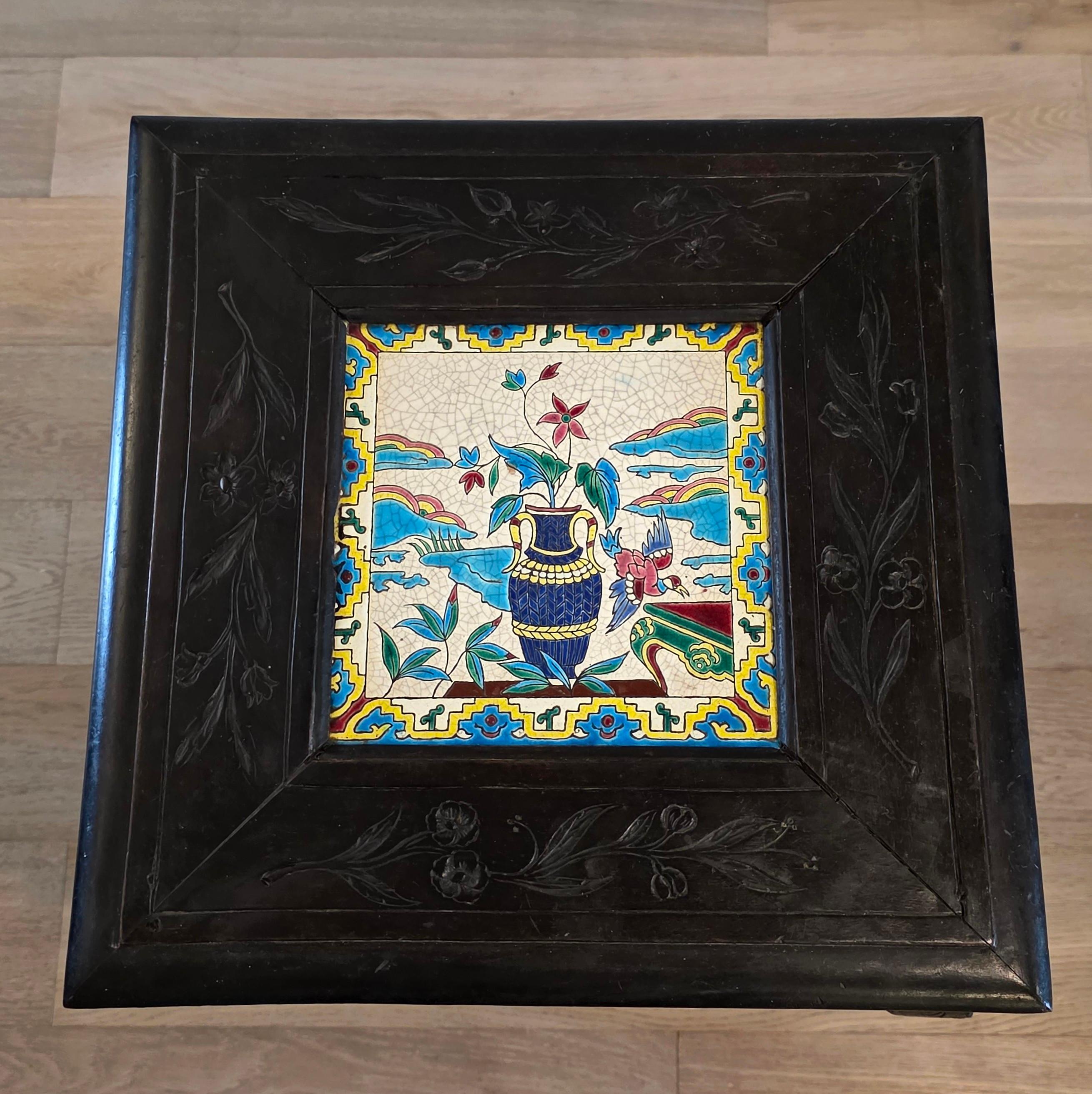 19th Century Antique French Chinoiserie Japonisme Viardot Longwy Ceramic Ebonized Table Stand For Sale
