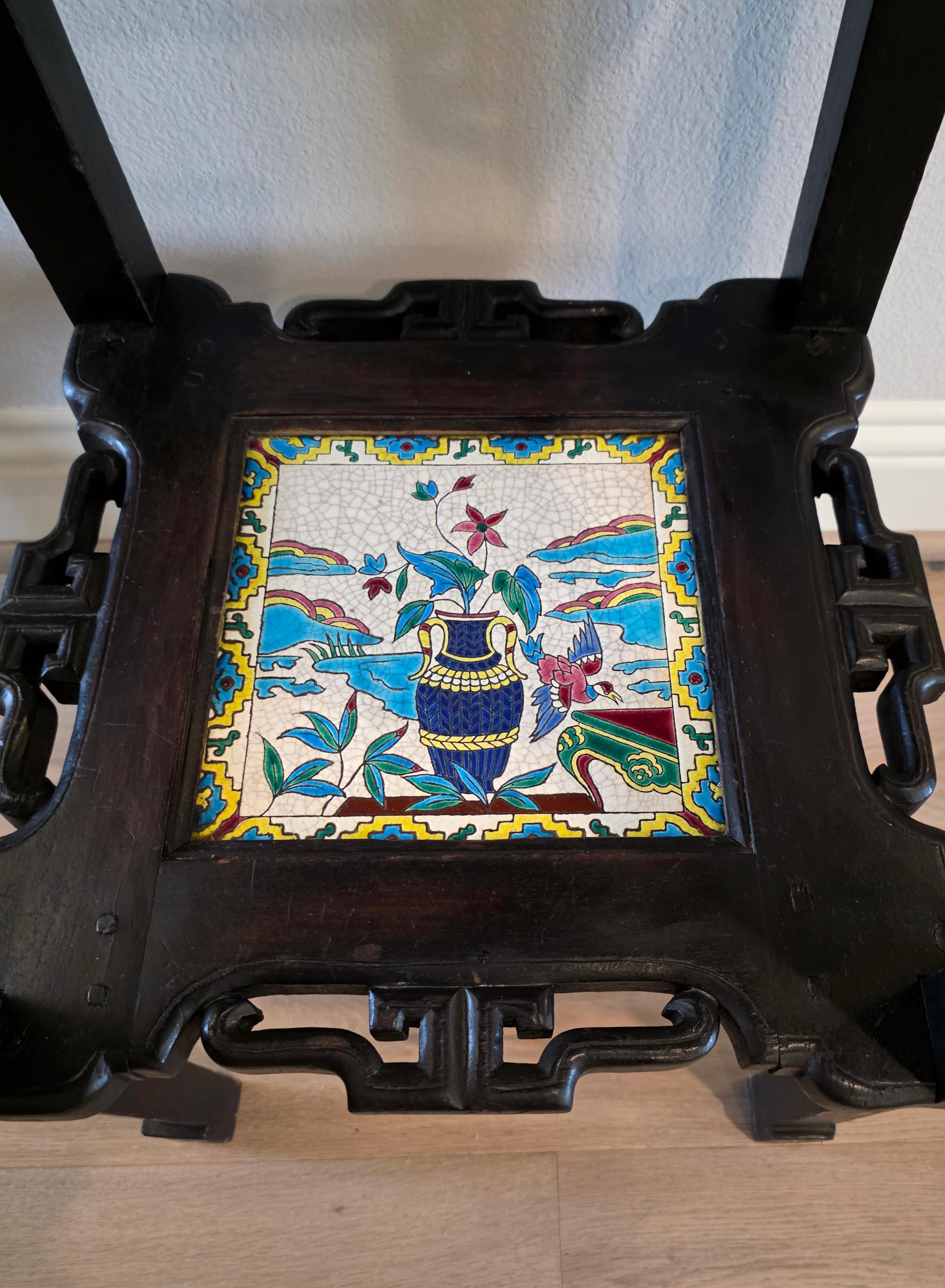 Antique French Chinoiserie Japonisme Viardot Longwy Ceramic Ebonized Table Stand For Sale 1