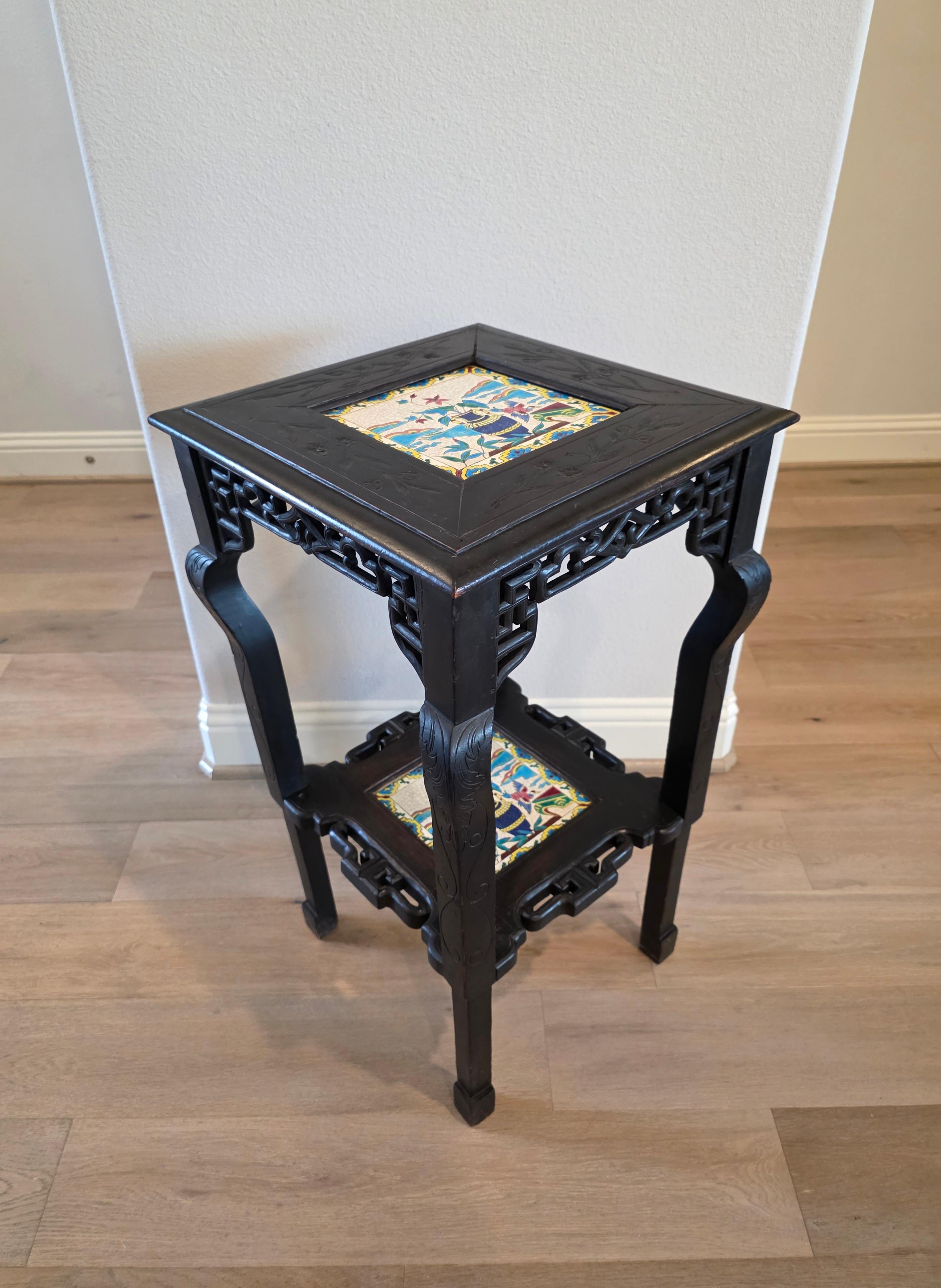 Antique French Chinoiserie Japonisme Viardot Longwy Ceramic Ebonized Table Stand For Sale 3