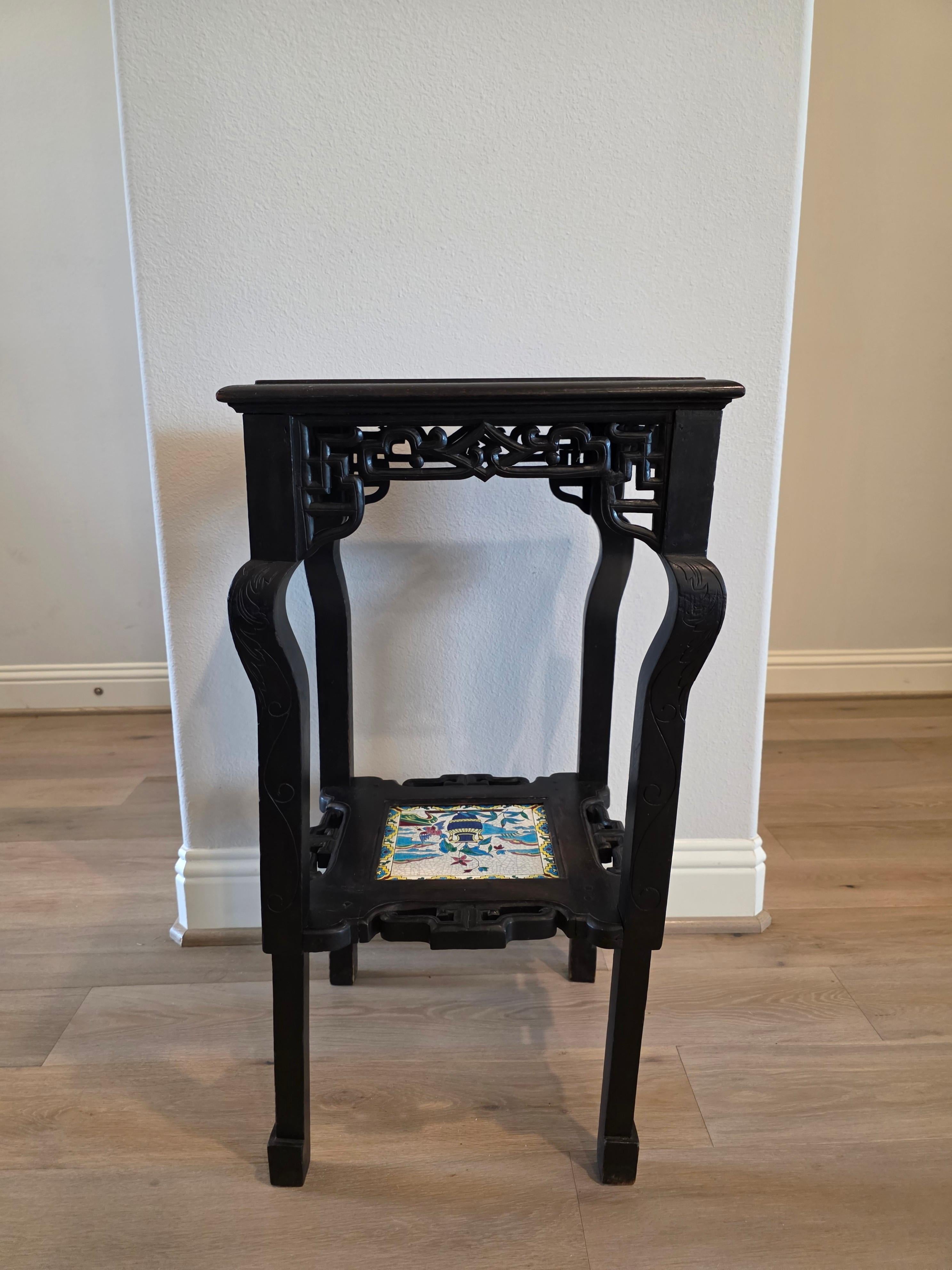 Antique French Chinoiserie Japonisme Viardot Longwy Ceramic Ebonized Table Stand For Sale 4