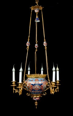 Antique French Chinoiserie Style Ormolu and Chinese Porcelain Chandelier