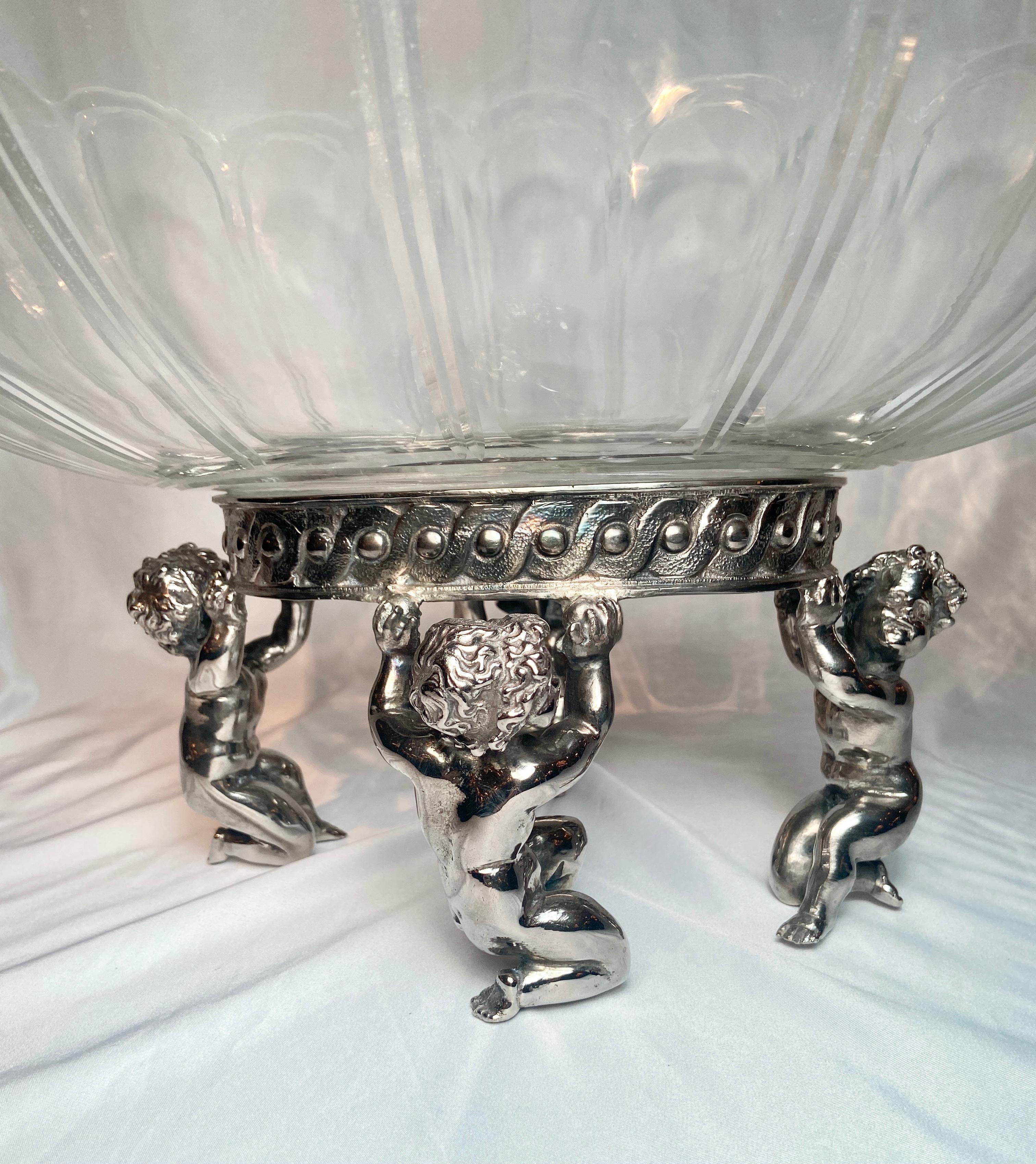 Silvered Antique French Christofle Silver on Bronze Baccarat Bowl Centerpiece, 1880s For Sale