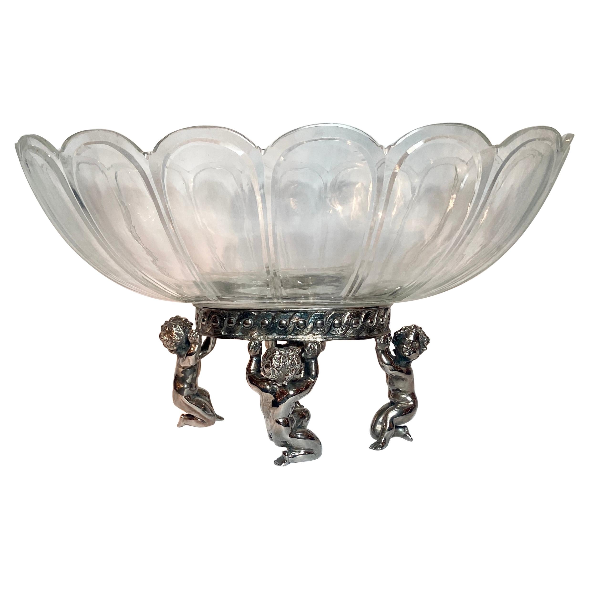 Antique French Christofle Silver on Bronze Baccarat Bowl Centerpiece, 1880s For Sale