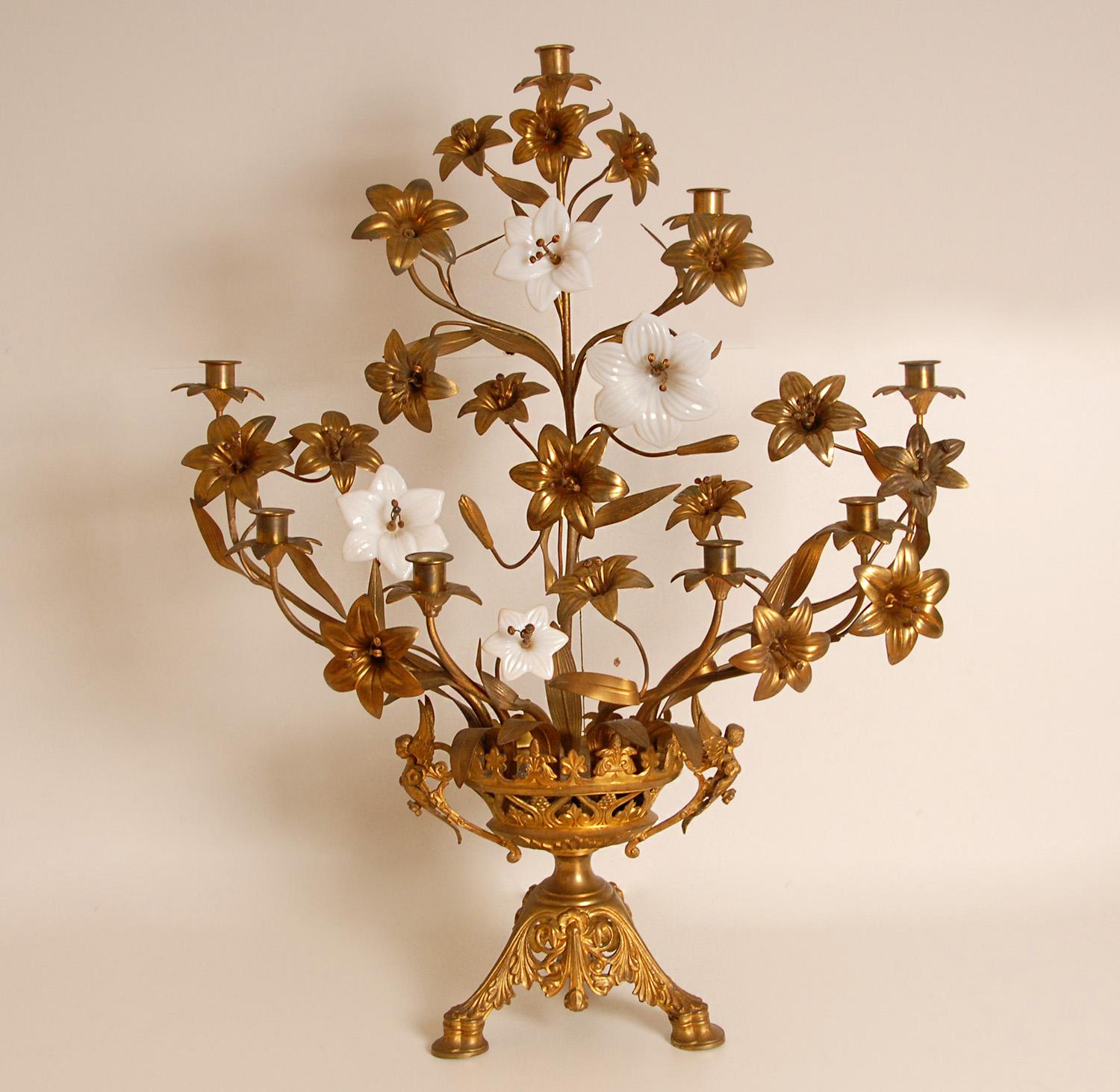 Antique French Church Candelabra Gold Bronze Brass Opaline Glass Flowers a pair For Sale 4