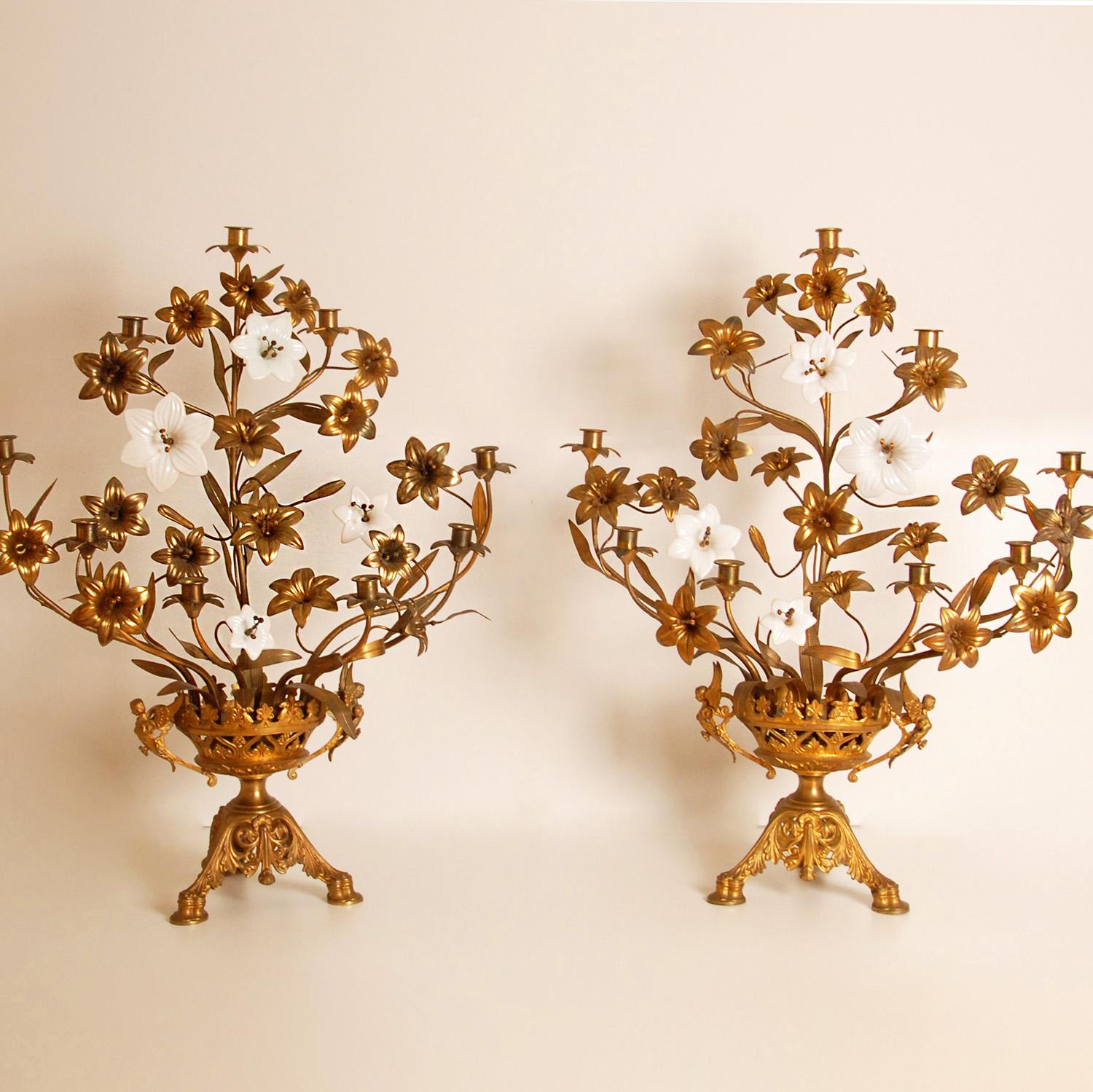 Belle Époque Antique French Church Candelabra Gold Bronze Brass Opaline Glass Flowers a pair For Sale