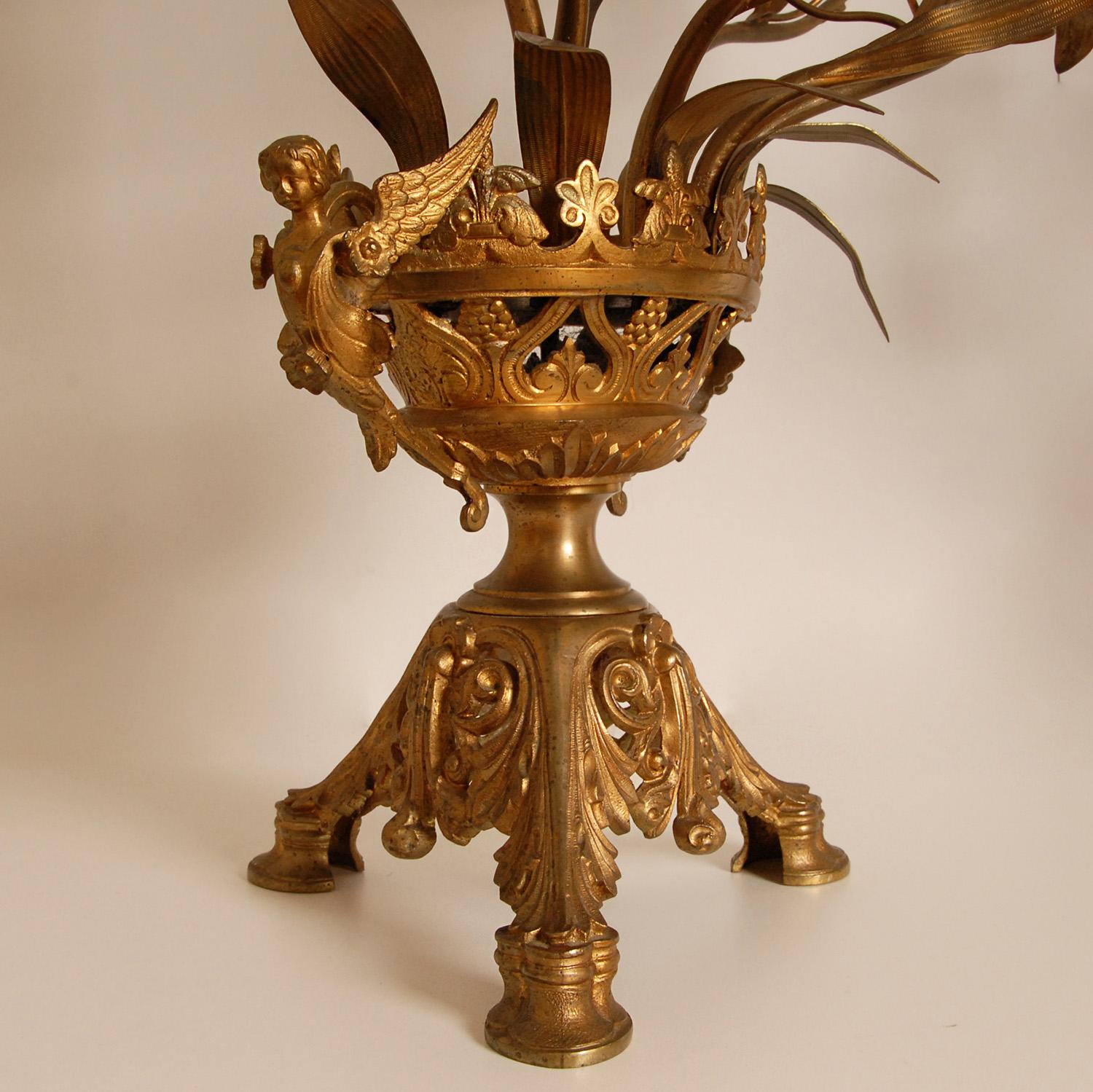 Cast Antique French Church Candelabra Gold Bronze Brass Opaline Glass Flowers a pair For Sale