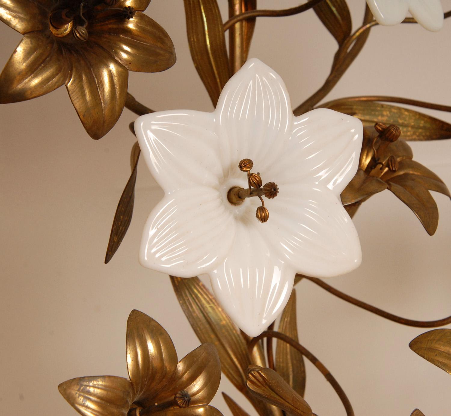 Antique French Church Candelabra Gold Bronze Brass Opaline Glass Flowers a pair In Good Condition For Sale In Wommelgem, VAN