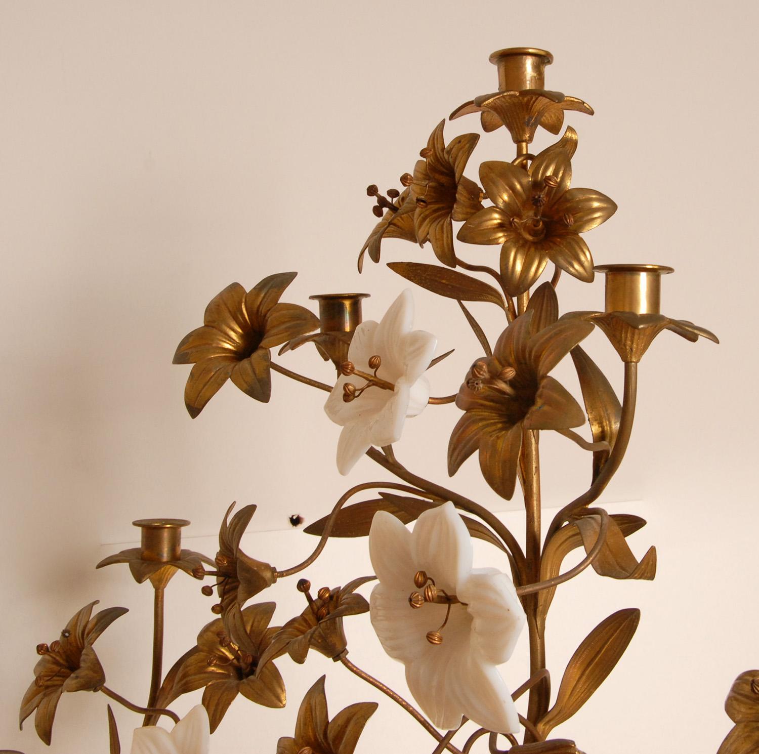 Early 20th Century Antique French Church Candelabra Gold Bronze Brass Opaline Glass Flowers a pair For Sale