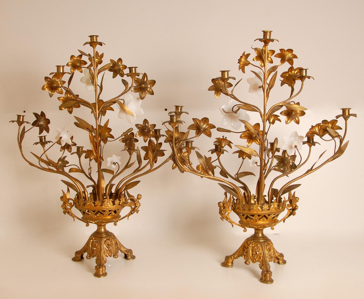 Antique French Church Candelabra Gold Bronze Brass Opaline Glass Flowers a pair For Sale 1