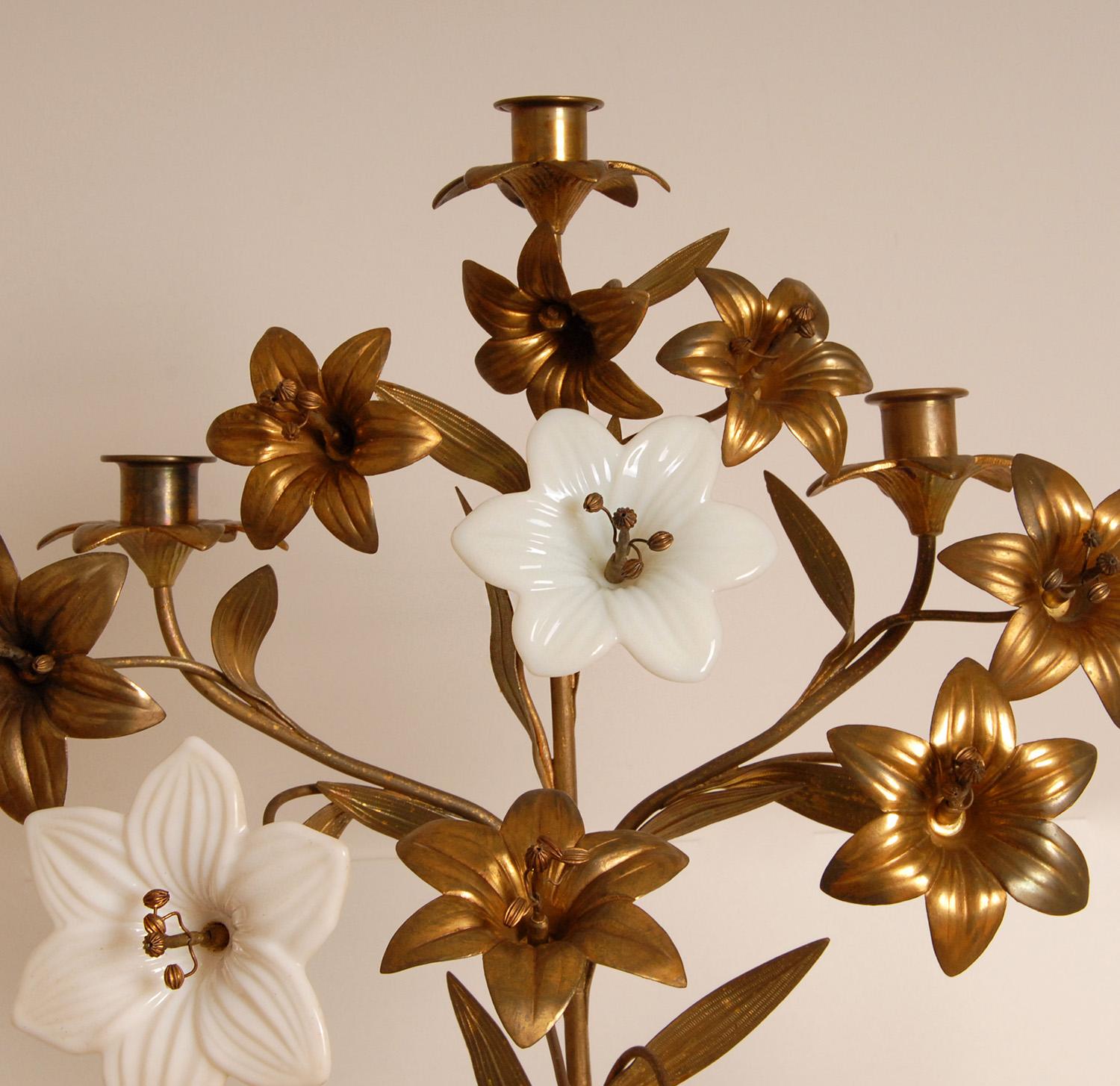 Antique French Church Candelabra Gold Bronze Brass Opaline Glass Flowers a pair For Sale 2