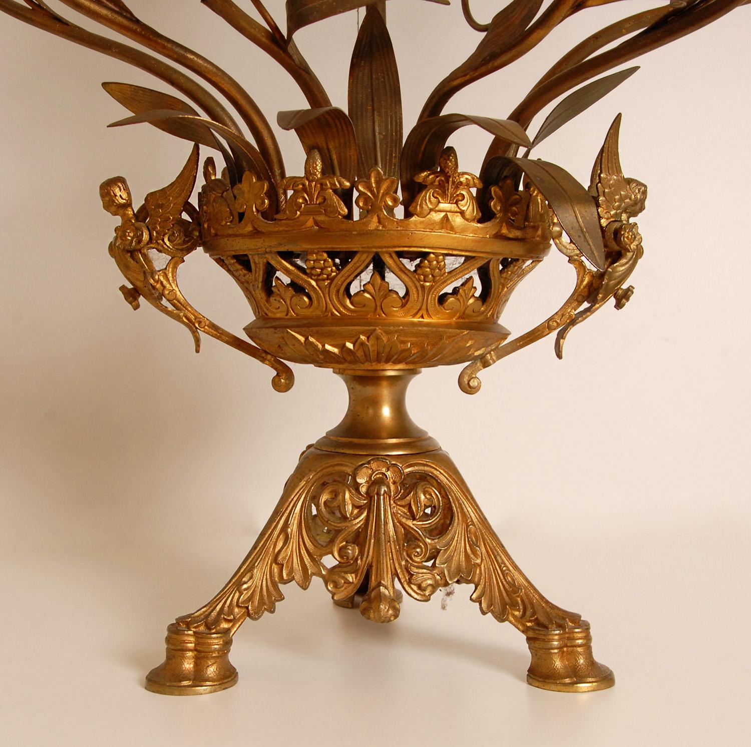 Antique French Church Candelabra Gold Bronze Brass Opaline Glass Flowers a pair For Sale 3
